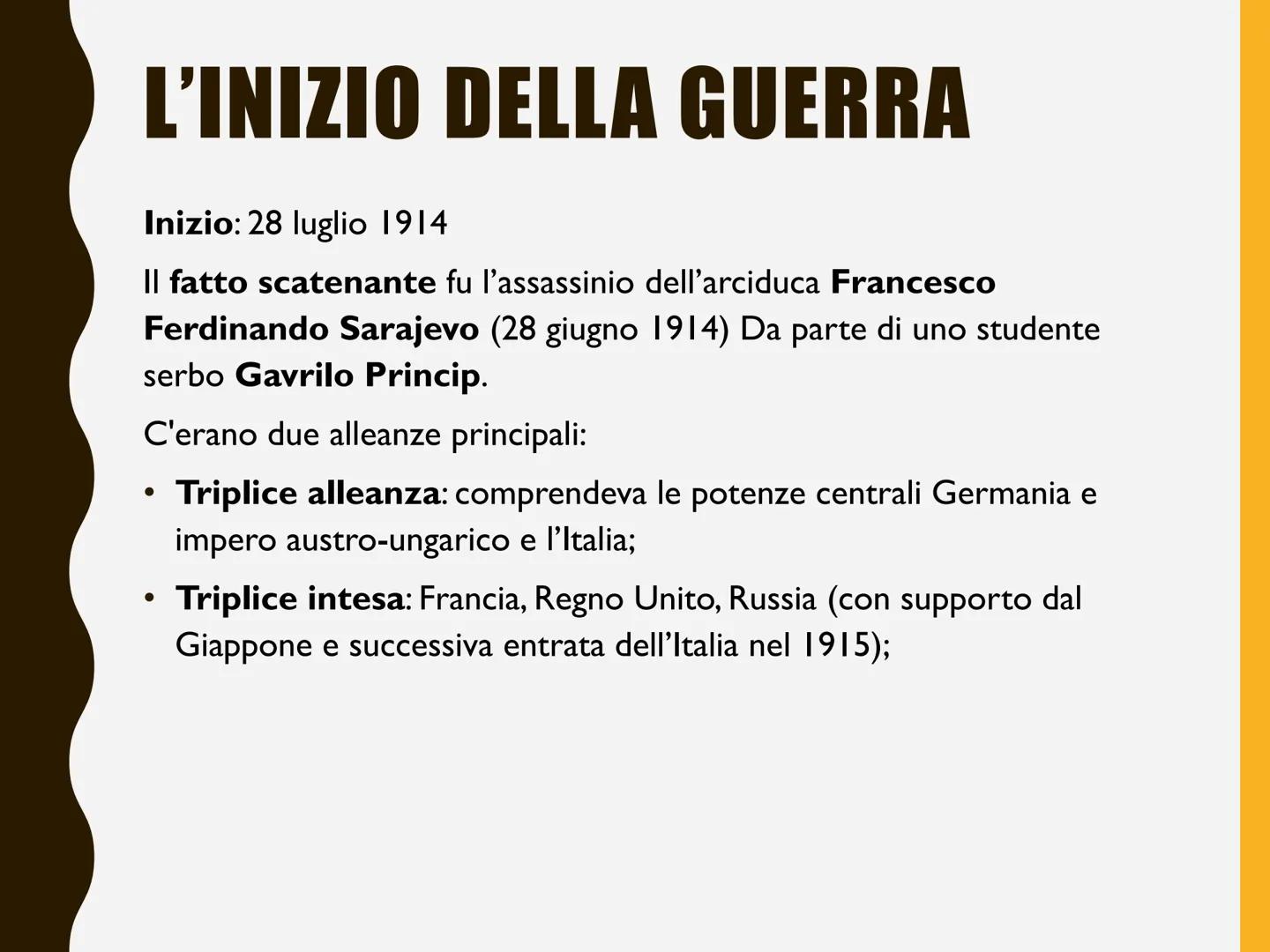 # LA PRIMA GUERRA
# MONDIALE # L'INIZIO DELLA GUERRA
Inizio: 28 luglio 1914
|| fatto scatenante fu l'assassinio dell'arciduca Francesco
Fe