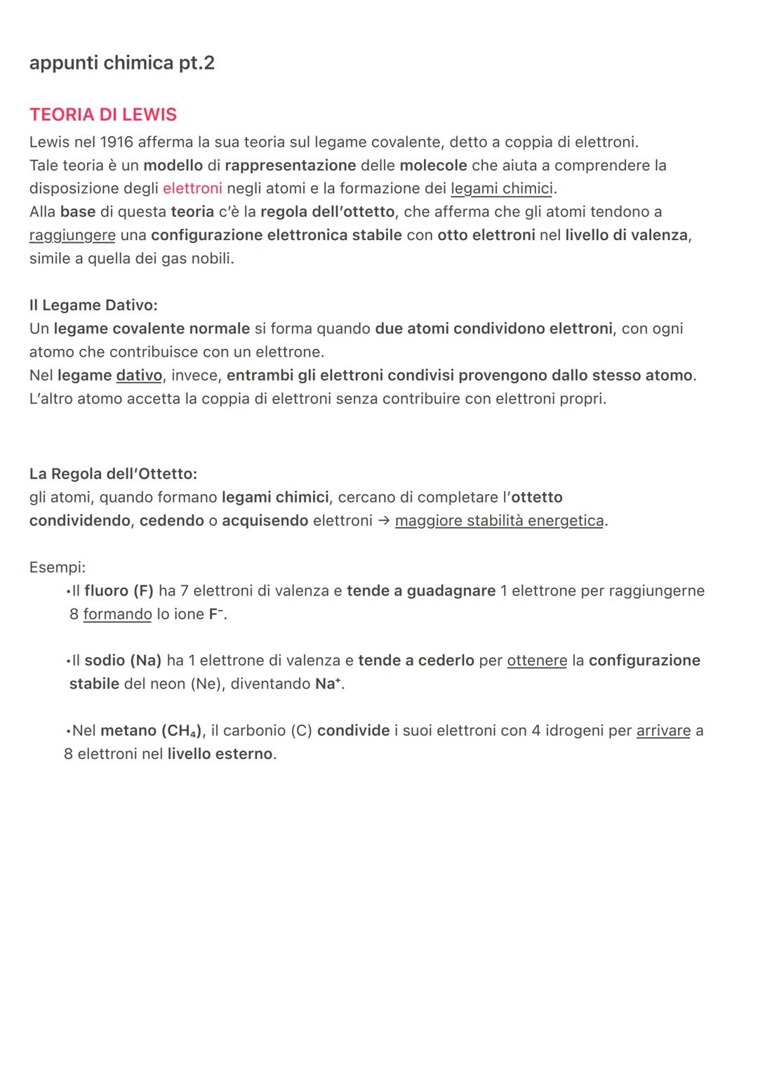 appunti chimica pt.2
TEORIA DI LEWIS
Lewis nel 1916 afferma la sua teoria sul legame covalente, detto a coppia di elettroni.
Tale teoria è