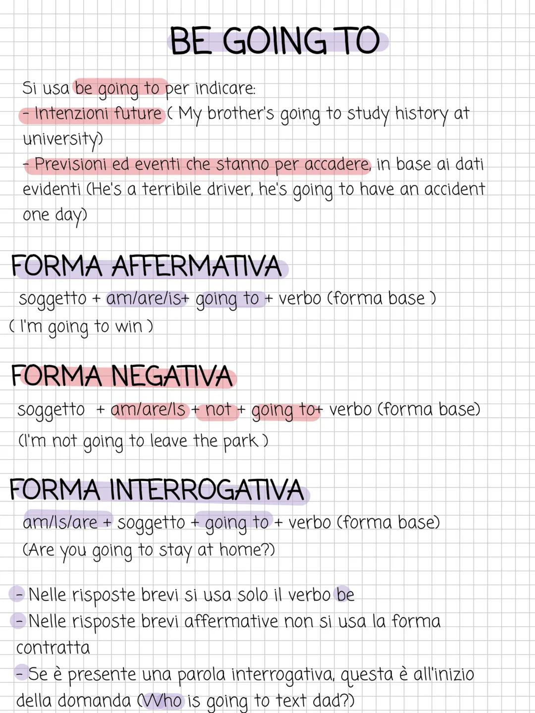 # BE GOING TO
Si usa be going to per indicare:
- Intenzioni future ( My brother's going to study history at
university)
Previsioni ed event