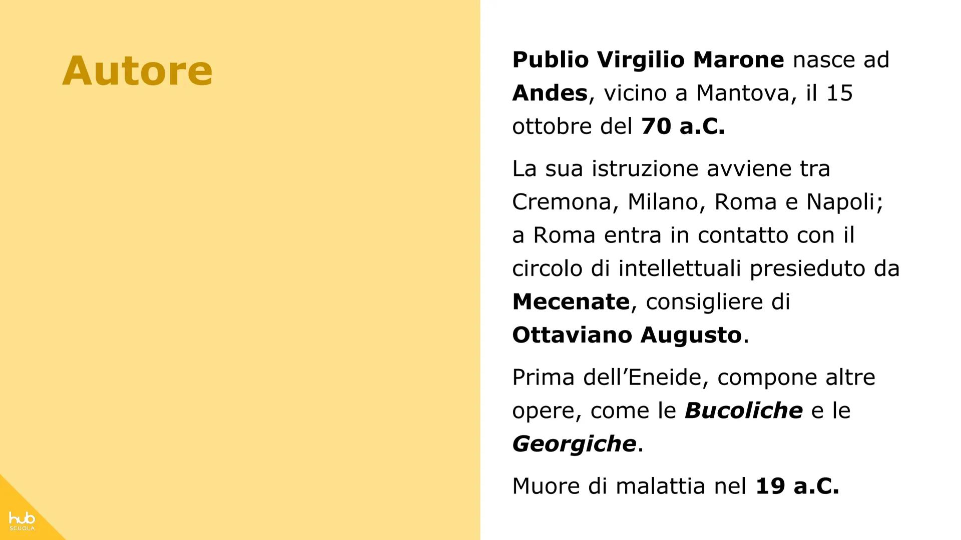 # hub
SCUOLA
L'Eneide # Definizione
L'Eneide è un poema epico in
latino composto da Virgilio a
partire, circa, dal 29 a.C. e
lasciato inco