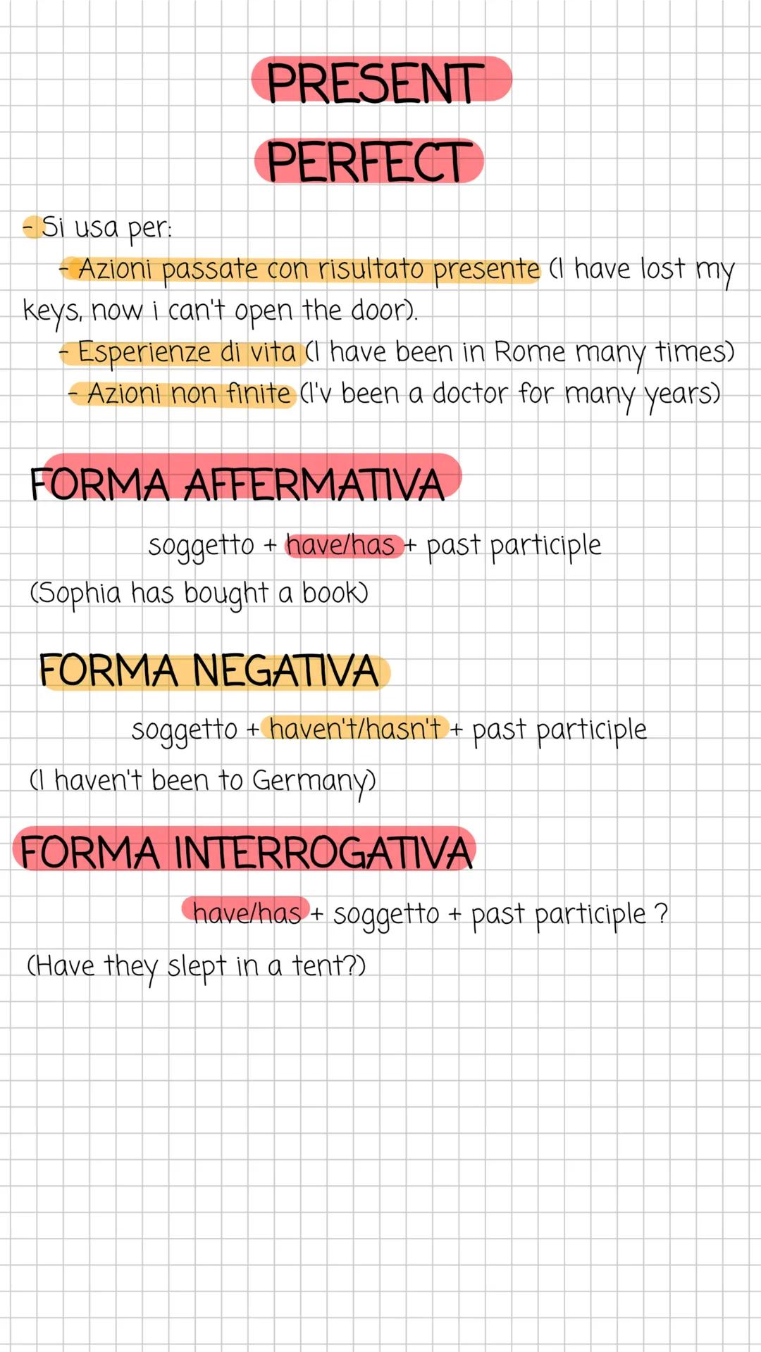 - Si usa per:
PRESENT
PERFECT
- Azioni passate con risultato presente (I have lost my
keys, now i can't open the door).
- Esperienze di vita
