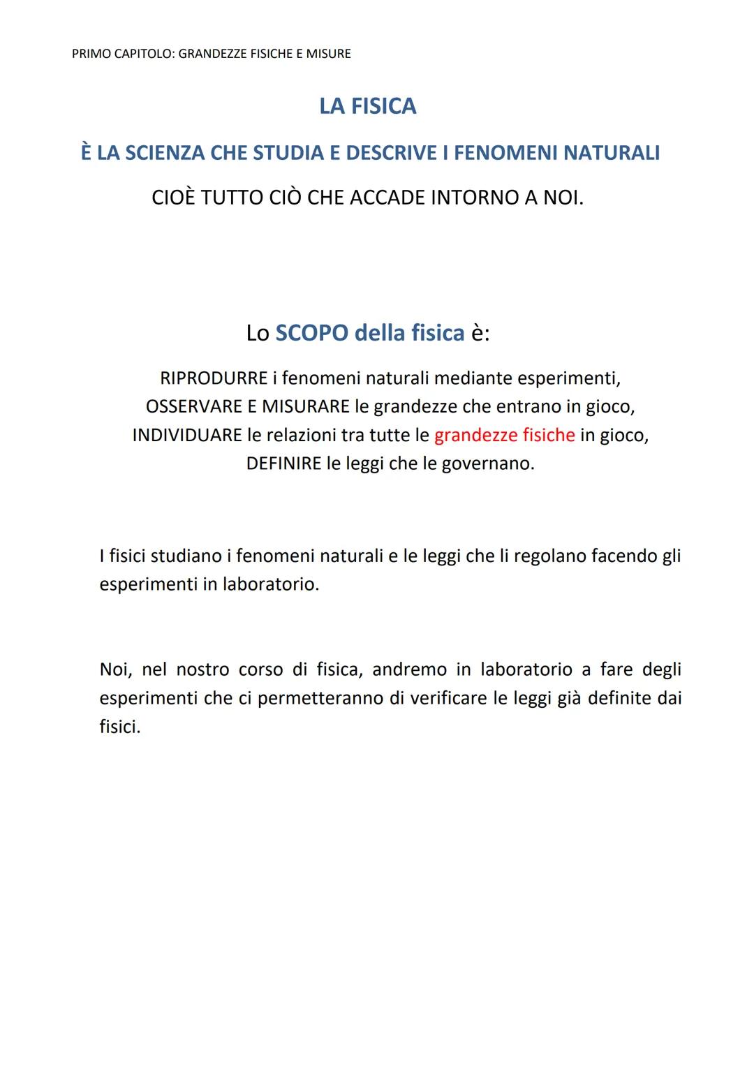 PRIMO CAPITOLO: GRANDEZZE FISICHE E MISURE
LA FISICA
È LA SCIENZA CHE STUDIA E DESCRIVE I FENOMENI NATURALI
CIOÈ TUTTO CIÒ CHE ACCADE INT