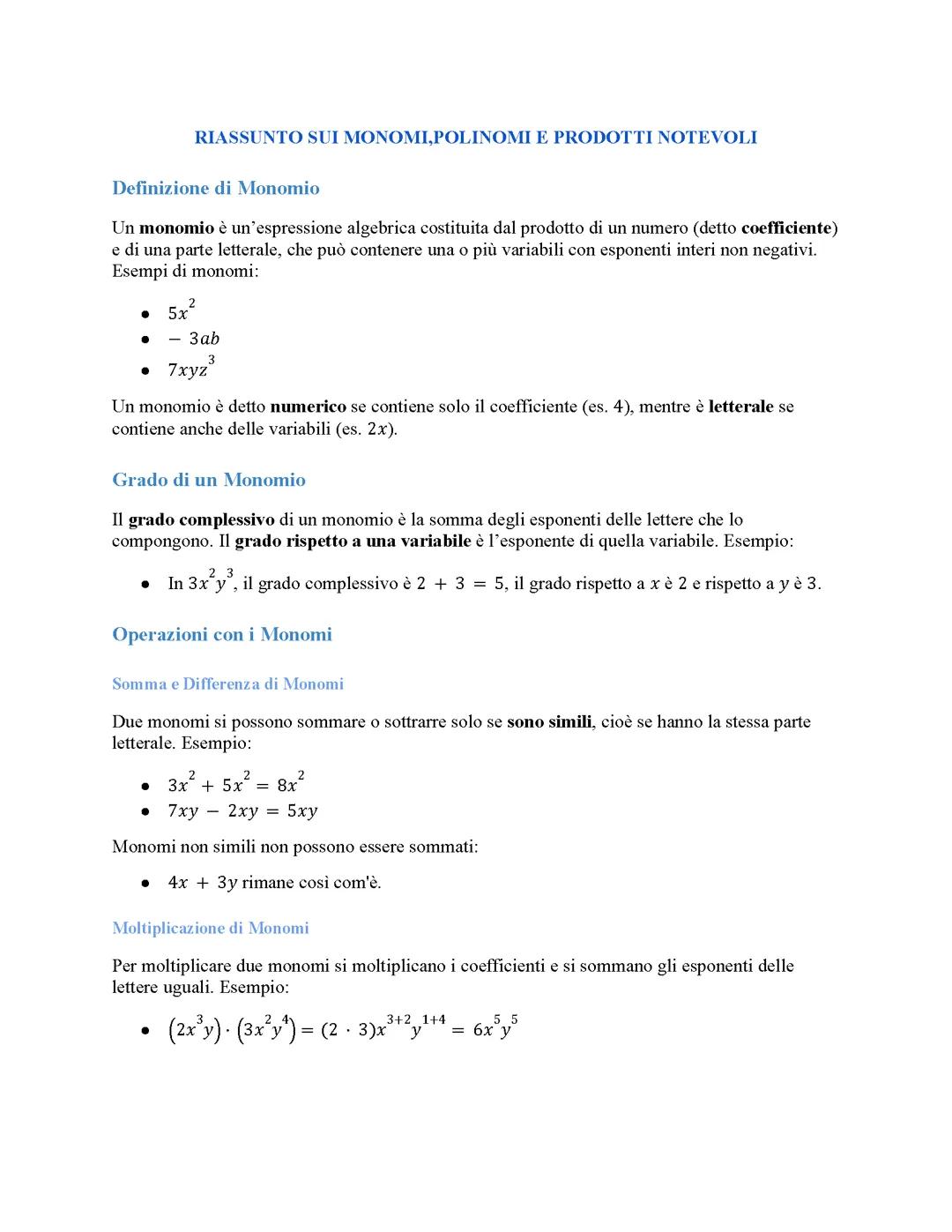 Monomi, polinomi e prodotti notevoli