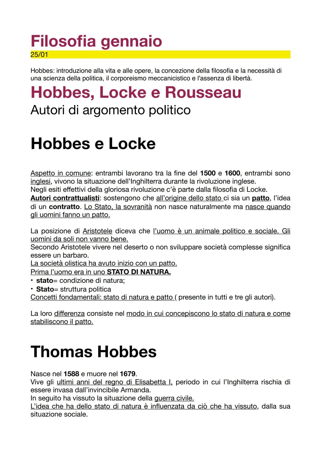 # Filosofia gennaio
25/01
Hobbes: introduzione alla vita e alle opere, la concezione della filosofia e la necessità di
una scienza della po