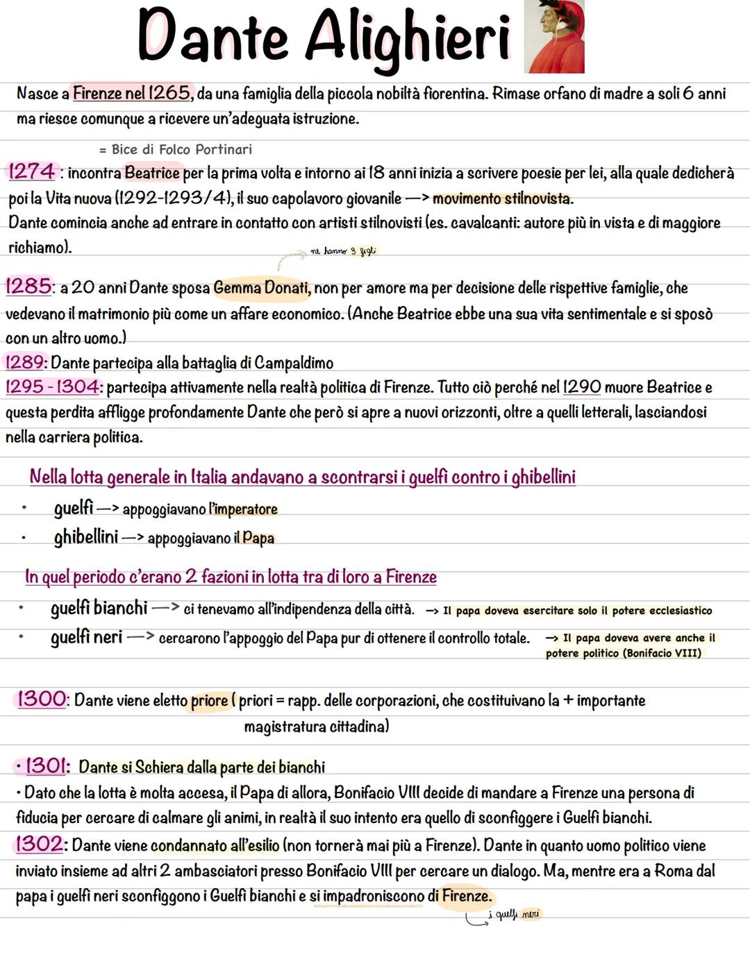 --- OCR Start ---
Dante Alighieri
Nasce a Firenze nel 1265, da una famiglia della piccola nobiltà fiorentina. Rimase orfano di madre a soli