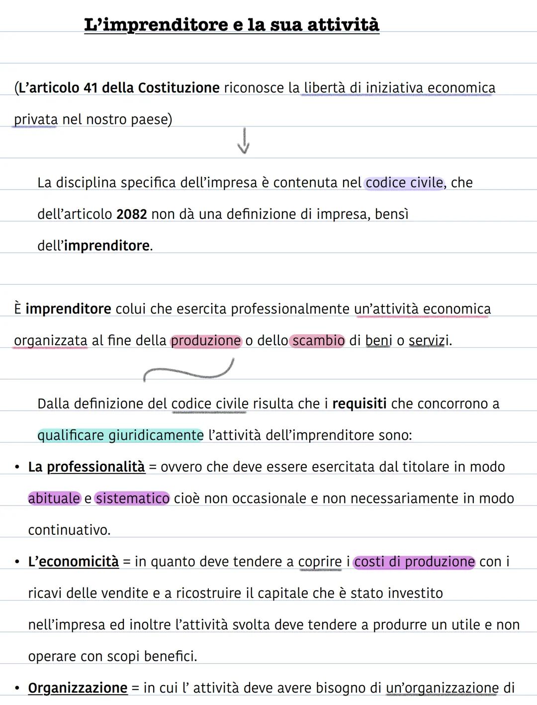 # L'imprenditore e la sua attività
(L'articolo 41 della Costituzione riconosce la libertà di iniziativa economica
privata nel nostro paese)