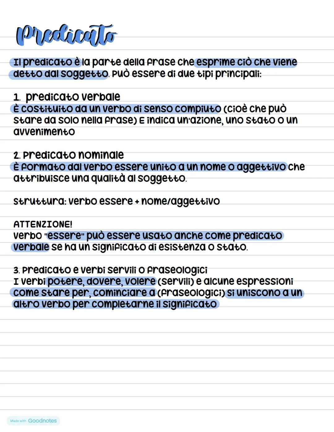 # Predicato
Il predicato è la parte della frase che esprime ciò che viene
detto dal soggetto. Può essere di due tipi principali:
1. predic