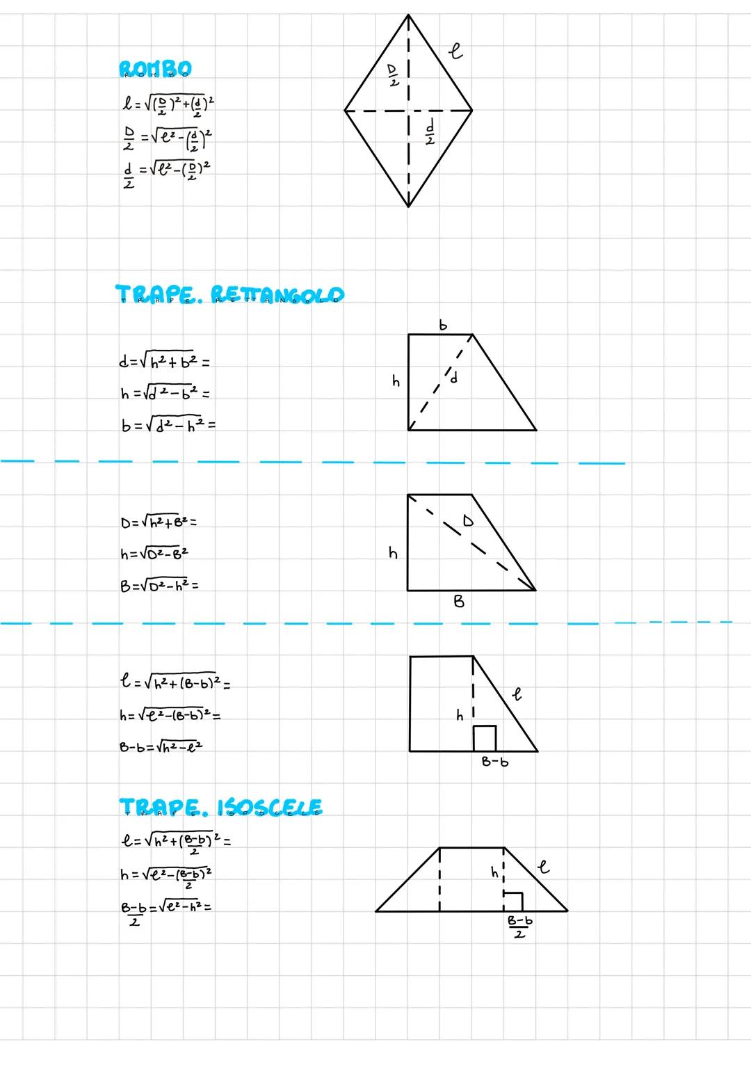 APPLICAZIONI DEL ELT.P. T.
RETTANGOLO
d=$\\sqrt{b²+h²}$
b=$\\sqrt{d2-h²}$
h=$\\sqrt{d²-b²}$
h
م
PARALLELOGRAMMA
l=$\\sqrt{pr²+h²}$
e