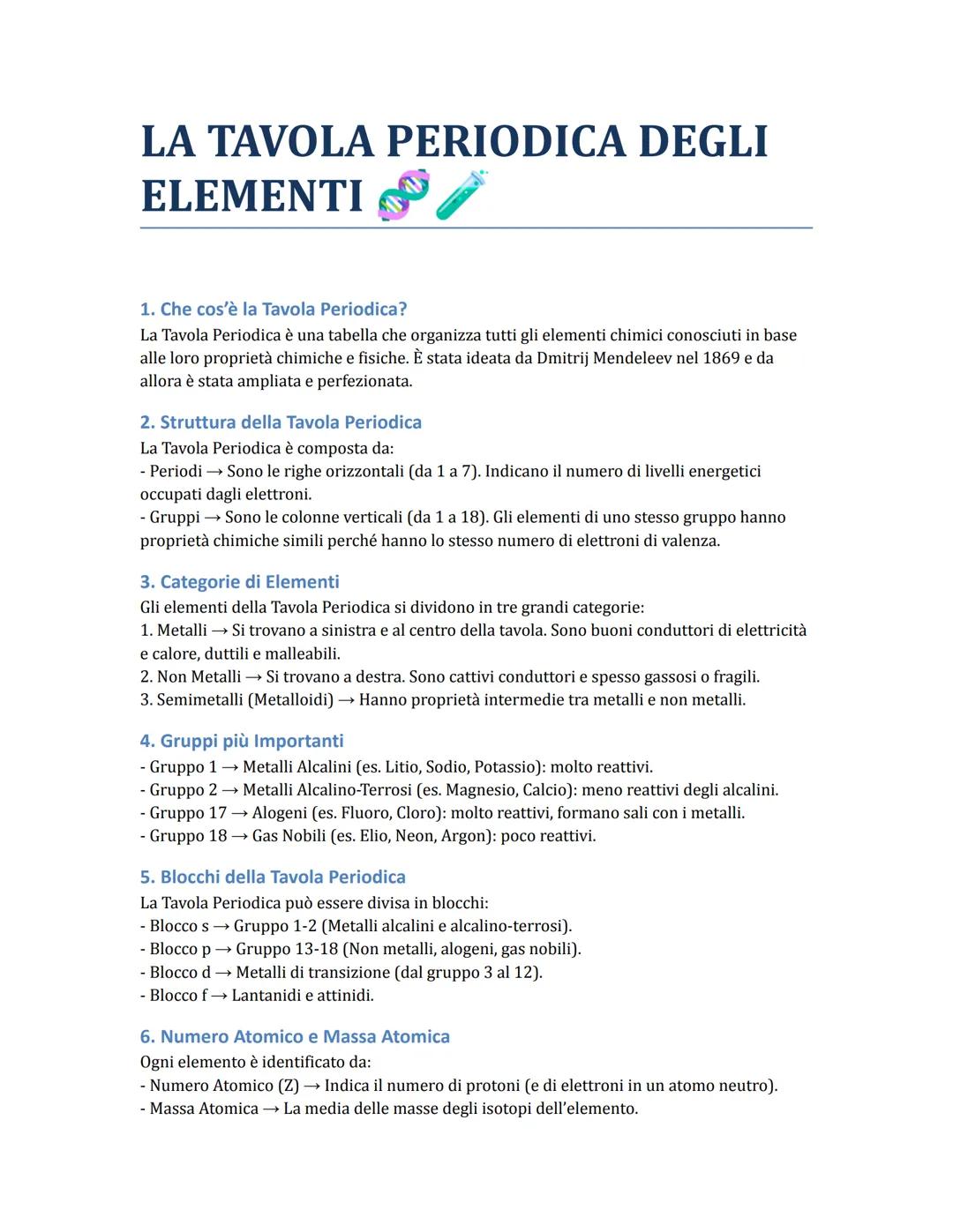 # LA TAVOLA PERIODICA DEGLI
ELEMENTI
1. Che cos'รจ la Tavola Periodica?
La Tavola Periodica รจ una tabella che organizza tutti gli elementi c