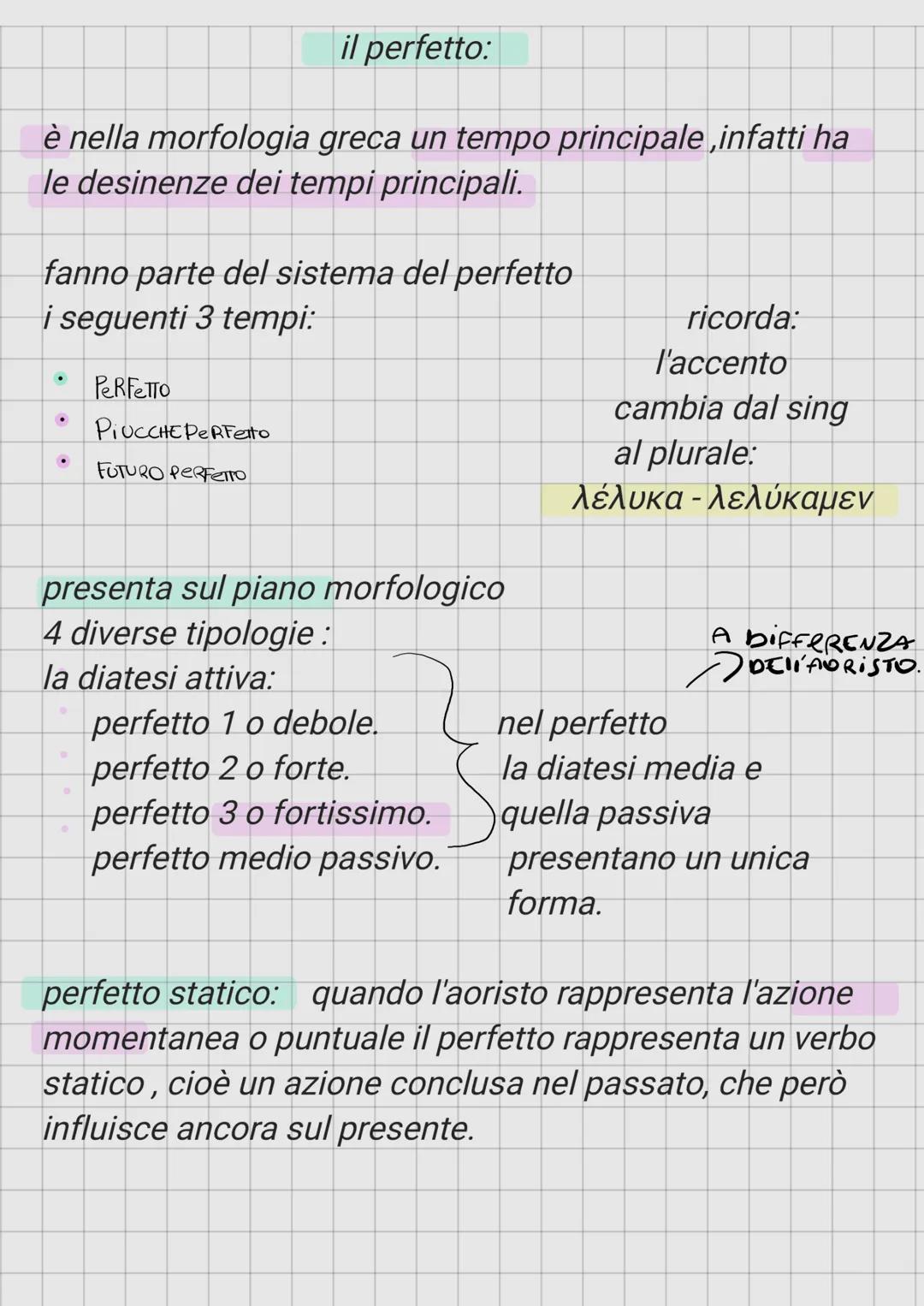 il perfetto:
è nella morfologia greca un tempo principale,infatti ha
le desinenze dei tempi principali.
fanno parte del sistema del perfet
