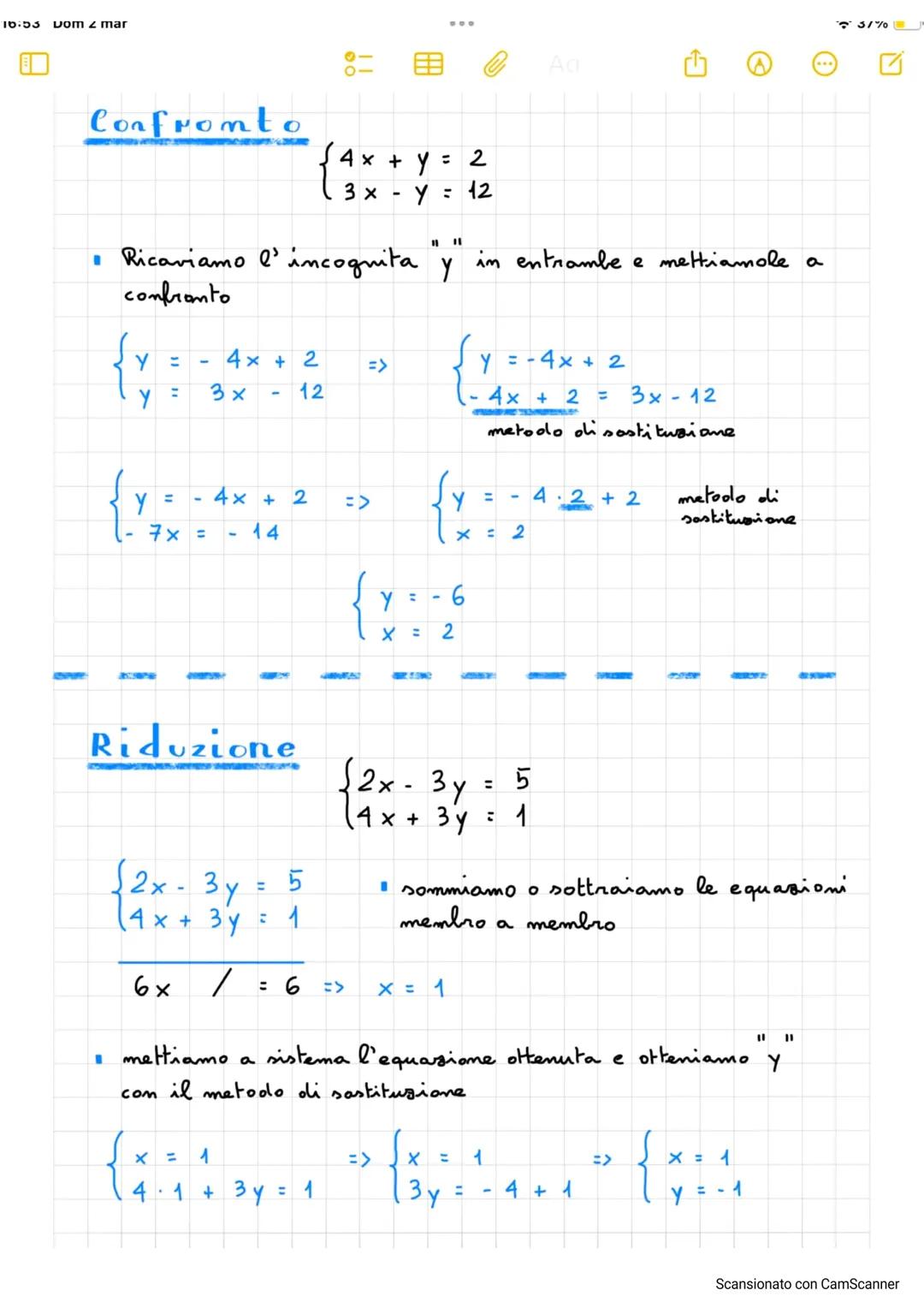 16:53 Dom & mar
৩-
0-
Aa
Confronto
$\begin{cases}4x+y=2\\3x-y=12\end{cases}$
• Ricaviamo l'incognita "y" in entrambe e mettiamole a
confront