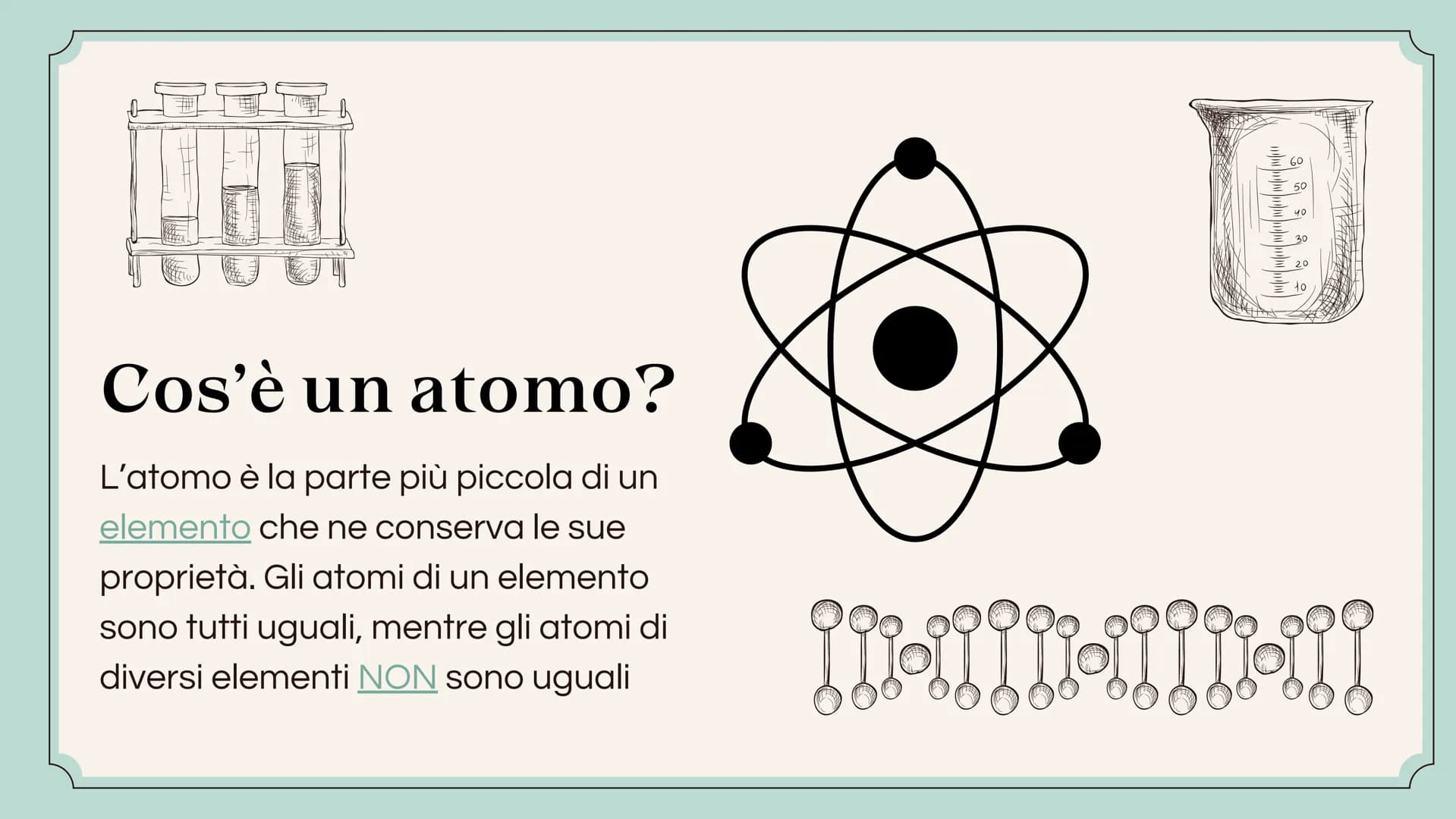 # L'ATOMO # Cos'è un atomo?
L'atomo è la parte più piccola di un
elemento che ne conserva le sue
proprietà. Gli atomi di un elemento
sono t