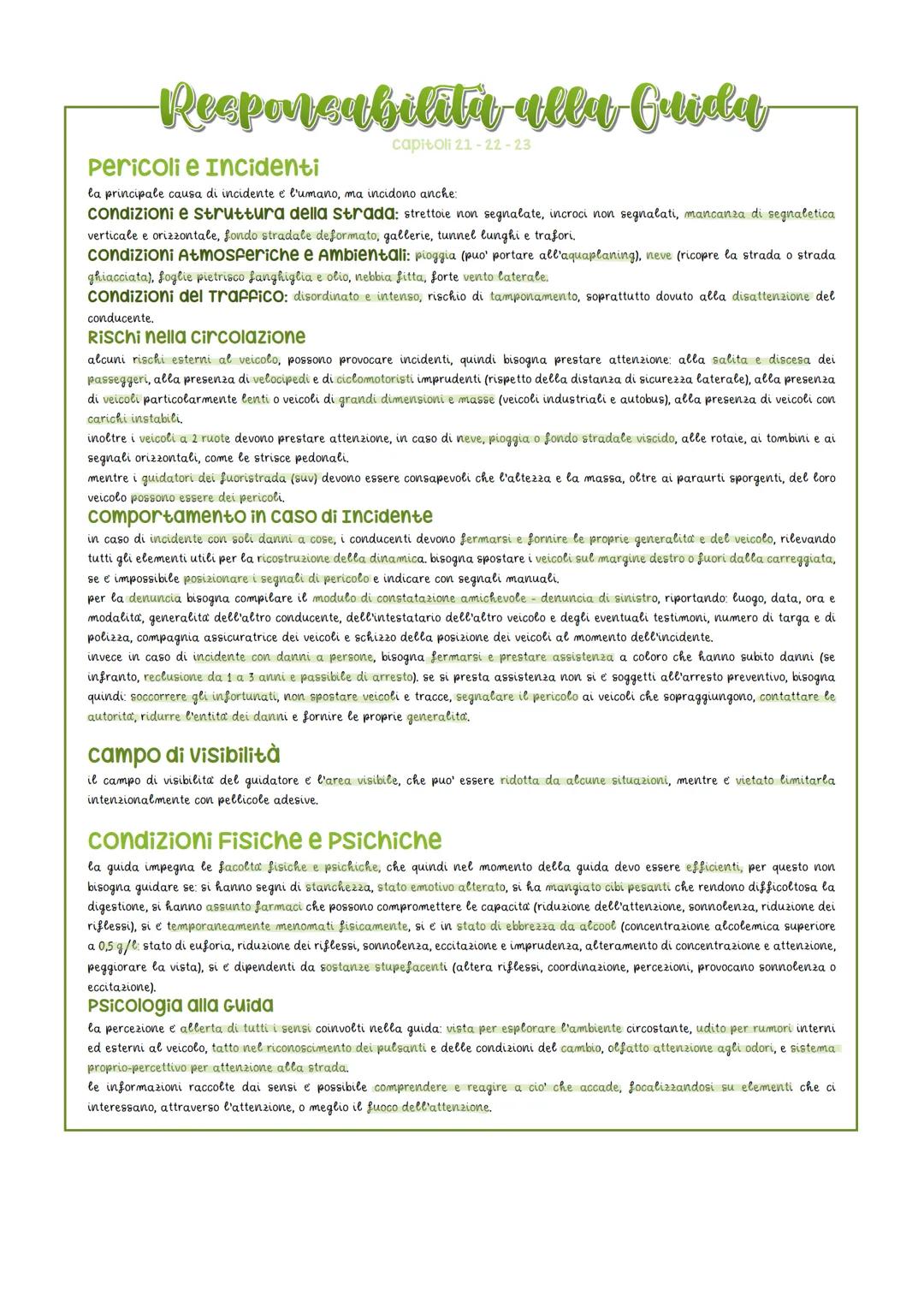 --- OCR Start ---
Responsabilita alla Guida
Pericoli e Incidenti
capitoll 21-22-23
la principale causa di incidente e l'umano, ma incidono a