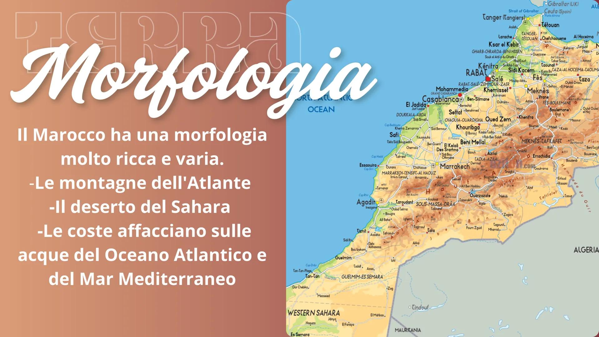 Marocco Sul globo
il Marocco confina:
-con l'Algeria a est
-con il Sahara occidentale a
sud ovest
-Con il Mar Mediterraneo a
nord
-con l'oce