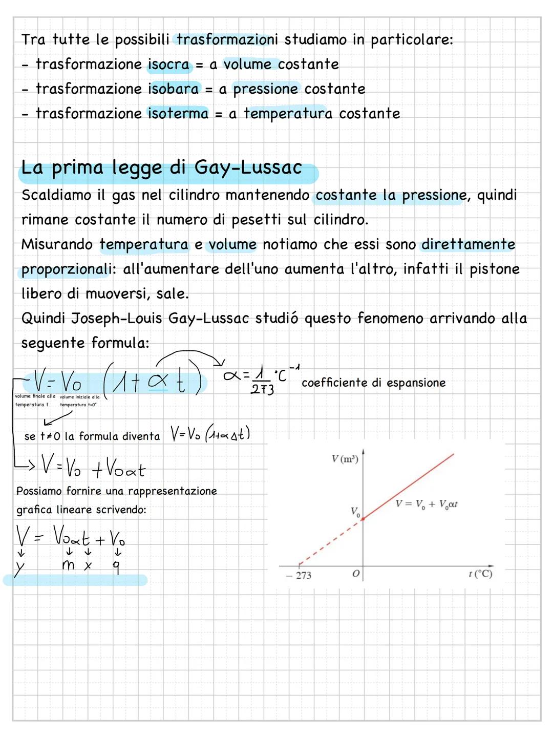--- OCR Start ---
Le leggi di Gay-Lussac e la temperatura assoluta
1\rightarrow $V=V_{0}(1+\alpha t)$ dove $\alpha=1/273$ e $t=T-273$
$\righ