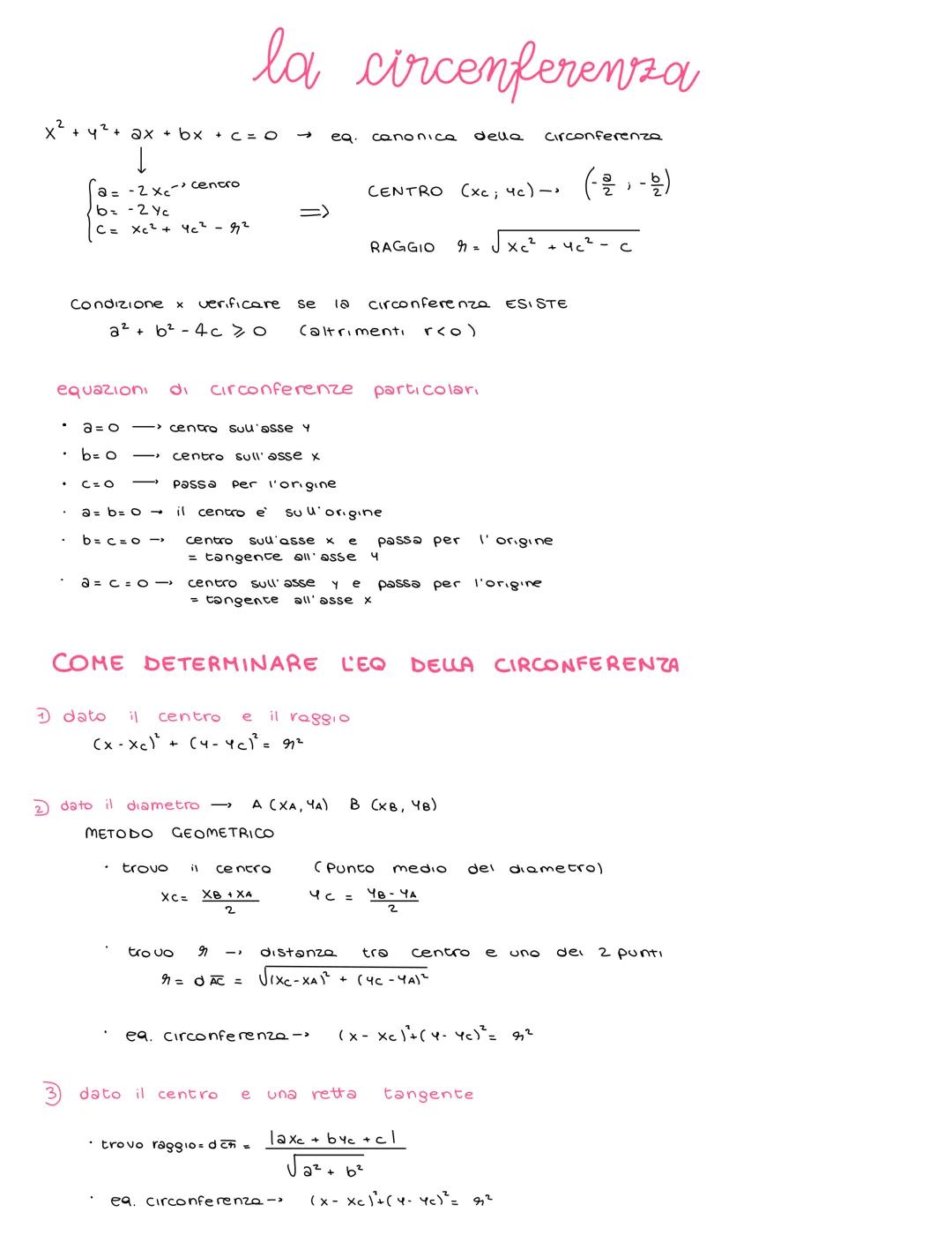 # la circenferenza
x² + y² + ax + bx + c = o $\rightarrow$ eq. canonica della
Circonferenza
$\begin{cases}
a=-2x_c- centro \\
b=-2 Y_c \\