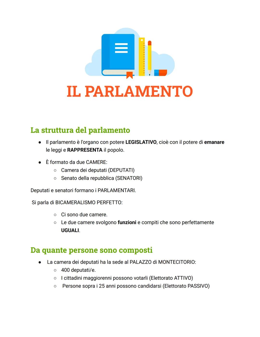 # IL PARLAMENTO
La struttura del parlamento
* II parlamento è l'organo con potere LEGISLATIVO, cioè con il potere di emanare
le leggi e