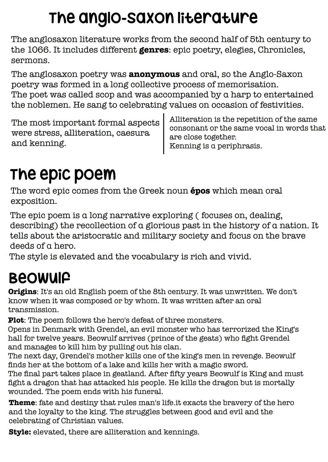 # The anglo-saxon literature
The anglosaxon literature works from the second half of 5th century to
the 1066. It includes different genres: