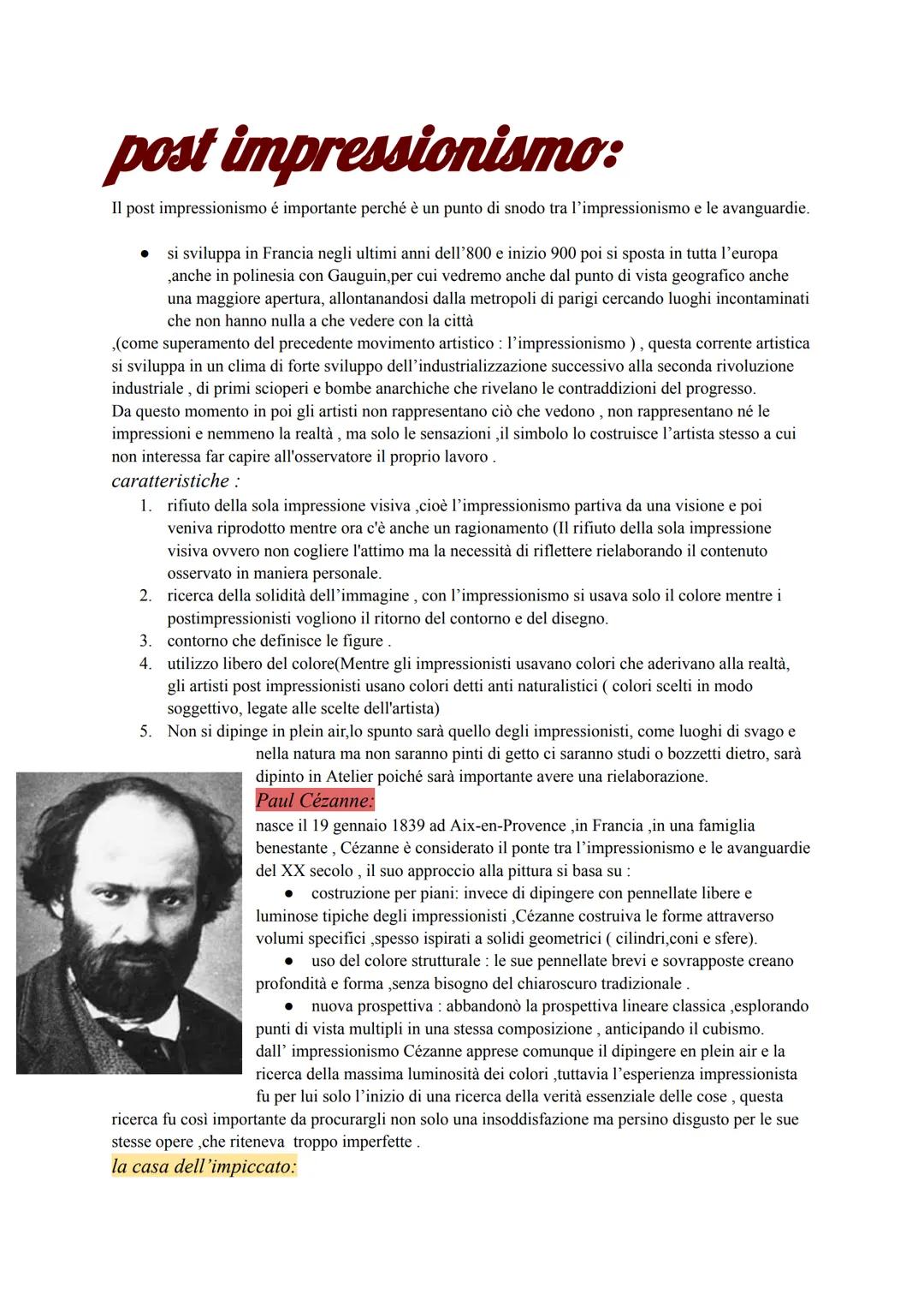 # post impressionismo:
Il post impressionismo é importante perché è un punto di snodo tra l'impressionismo e le avanguardie.
* si svilupp