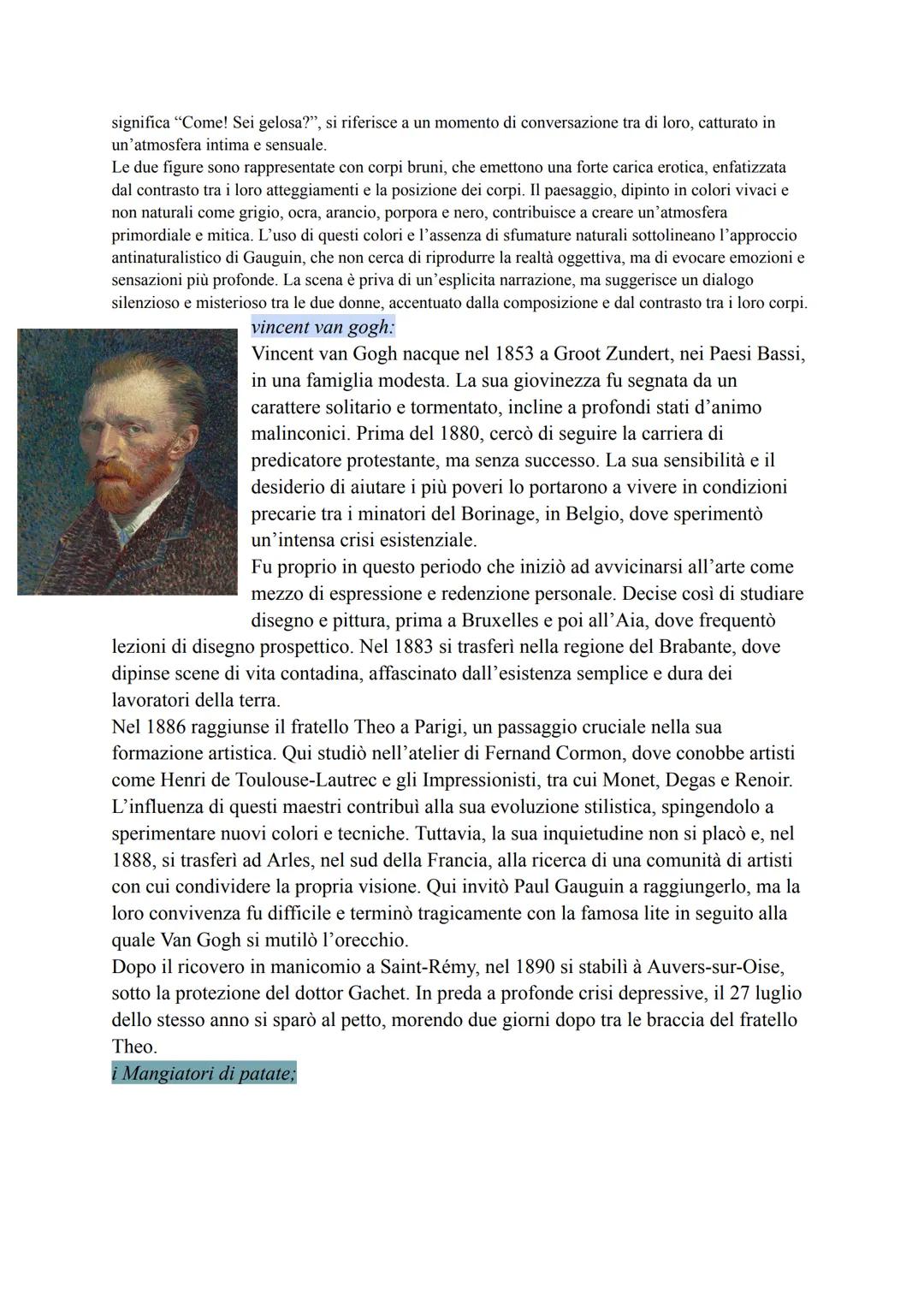 # post impressionismo:
Il post impressionismo é importante perché è un punto di snodo tra l'impressionismo e le avanguardie.
* si svilupp