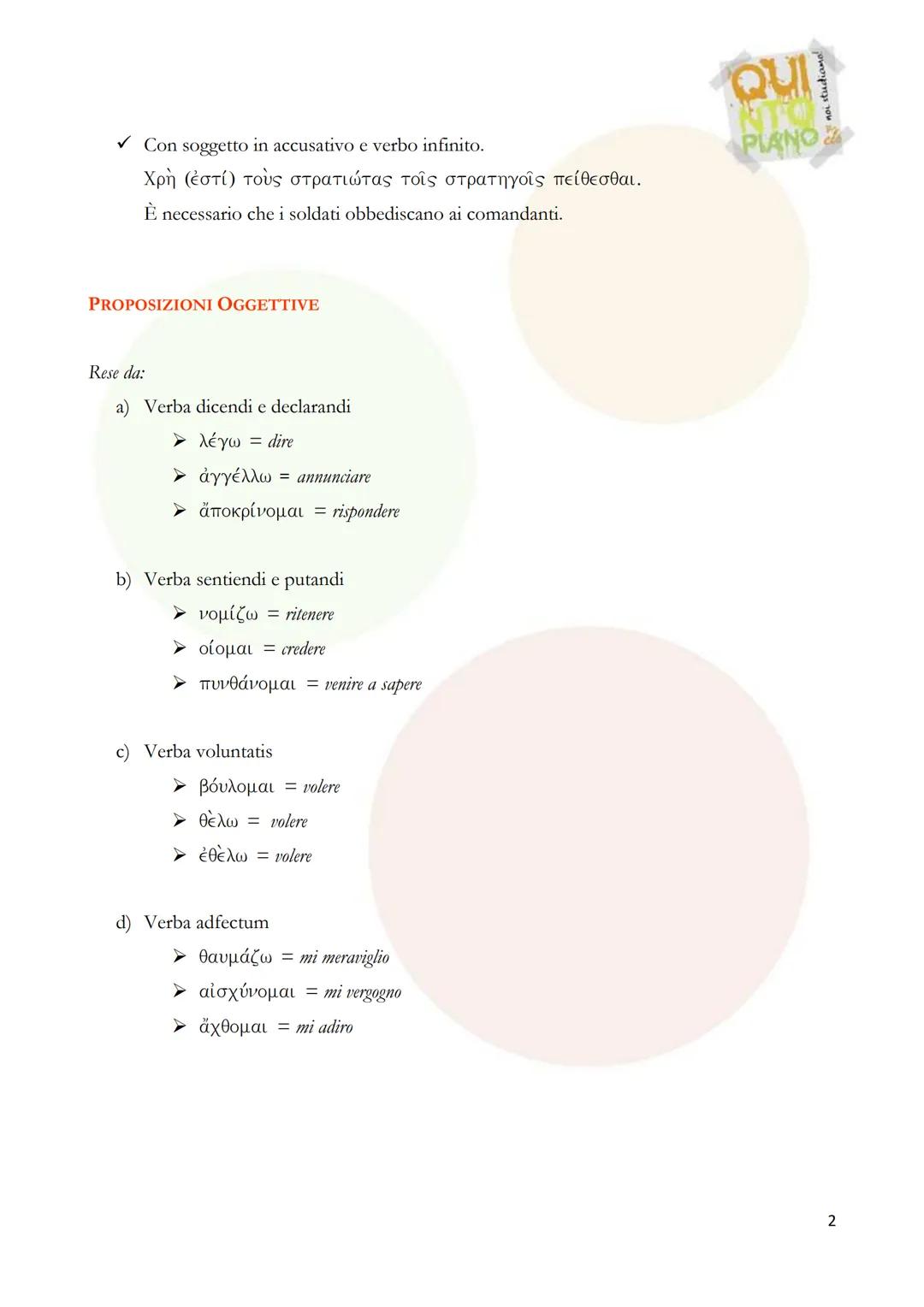 # PROPOSIZIONI SUBORDINATE
PROPOSIZIONI SOGGETTIVE
Introdotte da.
a) Locuzioni Impersonali e verbi impersonali.
> χρή = è necessario
➤