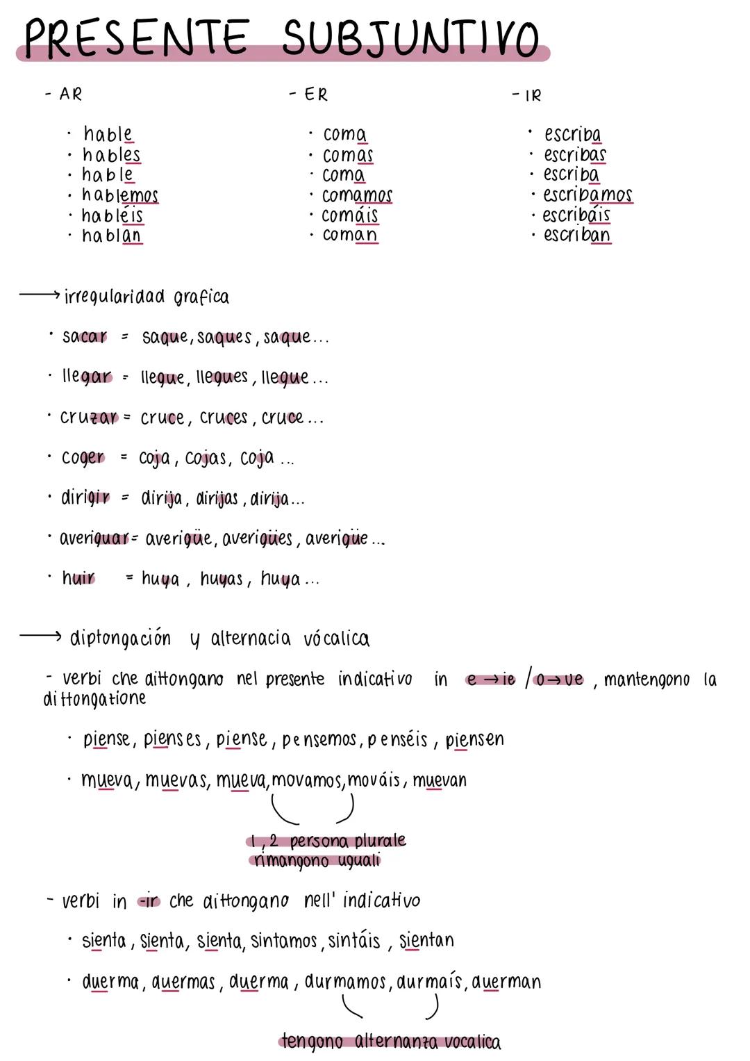 --- OCR Start ---
PRESENTE SUBJUNTIVO
→irregularidad grafica
sacar = saque, saques, saque...
llegar = llegue, llegues, llegue...
cruzar = cr