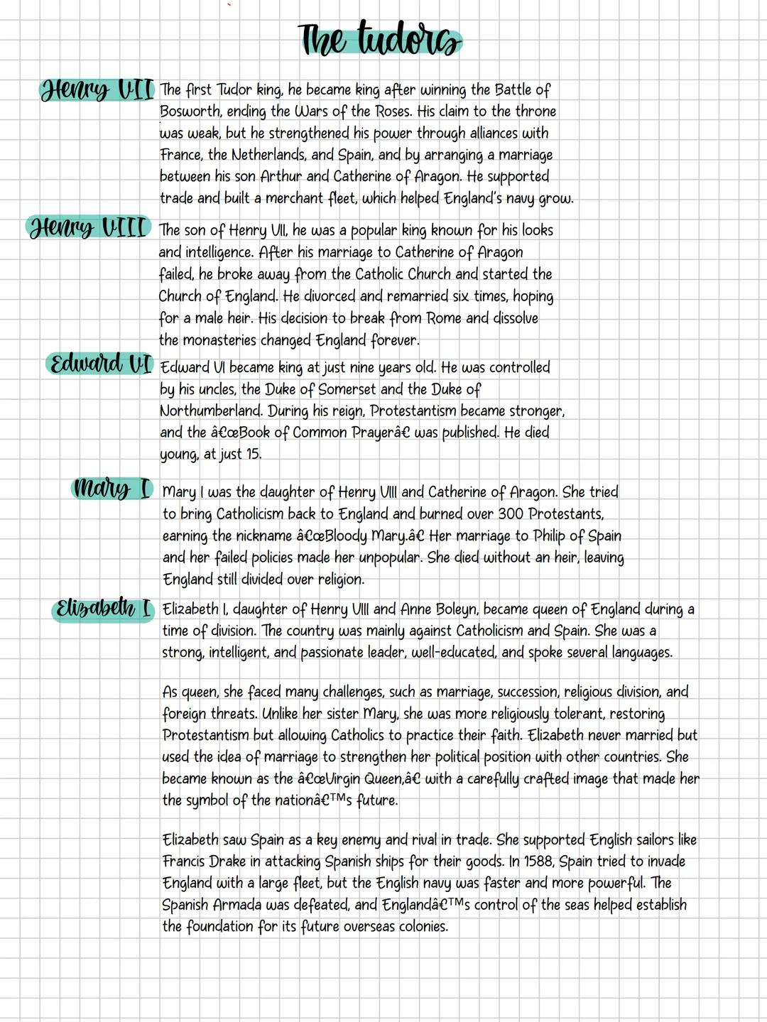 # The tudors
Henry VII The first Tudor king, he became king after winning the Battle of
Bosworth, ending the Wars of the Roses. His claim t