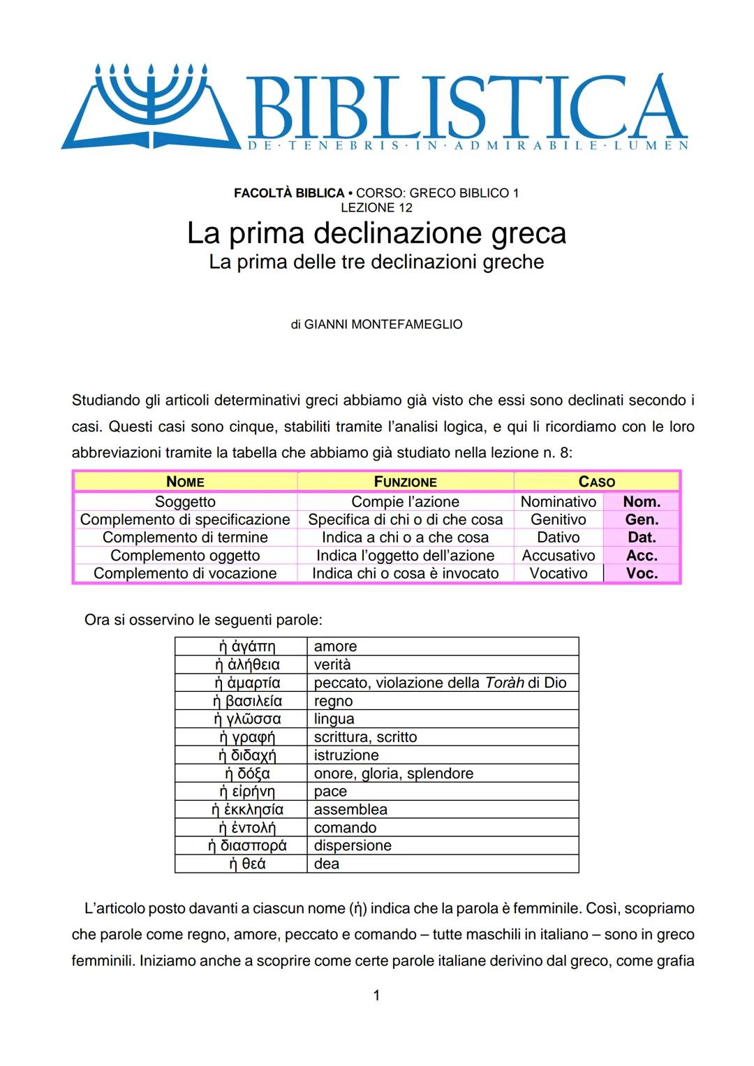 # BIBLISTICA
DE TENEBRISIN ADMIRABILE LUMEN
FACOLTÀ BIBLICA CORSO: GRECO BIBLICO 1
LEZIONE 12
# La prima declinazione greca
La prima delle