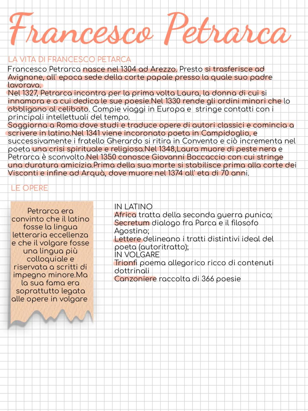 # Francesco Petrarca
LA VITA DI FRANCESCO PETARCA
Francesco Petrarca nasce nel 1304 ad Arezzo. Presto si trasferisce ad
Avignone, all' epo