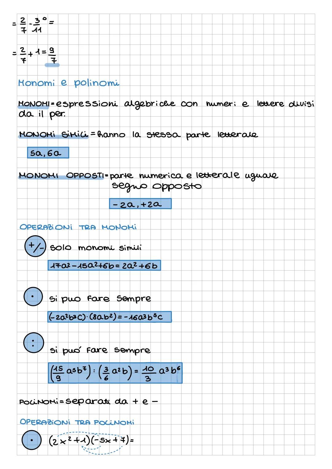 --- OCR Start ---
=
$\frac{2}{7}\frac{3}{11}$=
=
$\frac{2}{7}$+
$\frac{1}{7}$=
$\frac{9}{7}$
Monomi e polinomi
MONOMI=espressioni algebriche