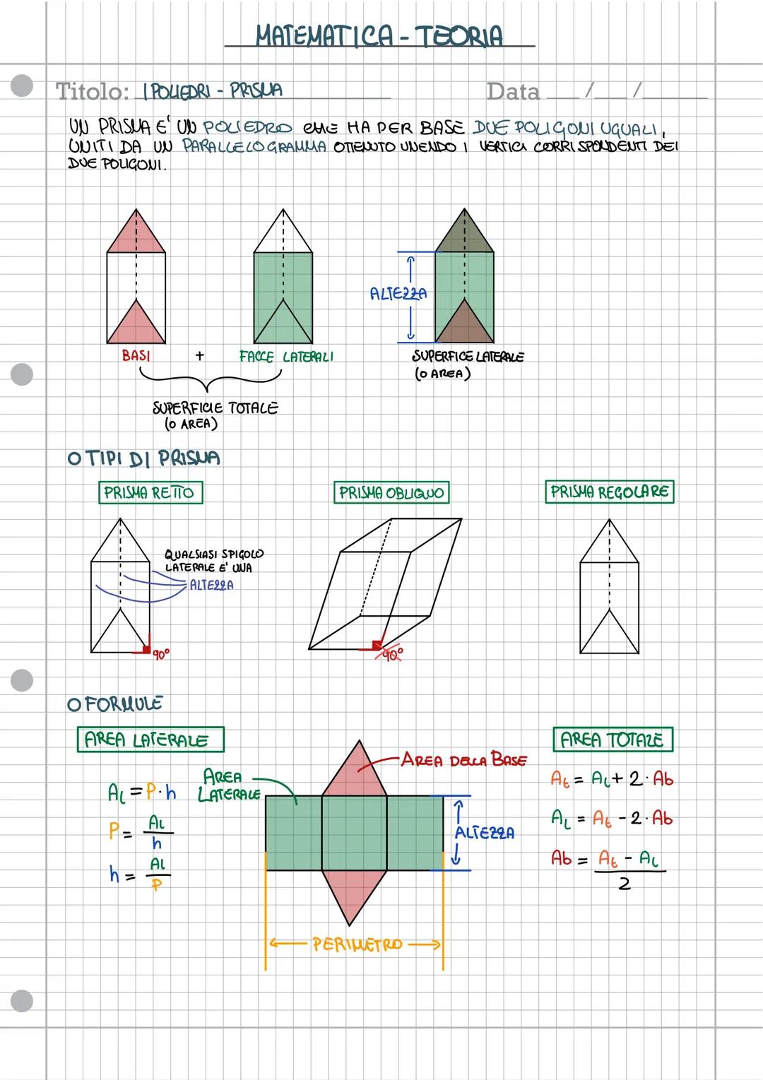 # MATEMATICA-TEORIA
Titolo: POIEDRI - PRISUA
Data _ / _ /
UN PRISMA E' UN POLIEDRO CHE HA PER BASE DUE POLIGONI UGUALI,
UNITI DA UN PARAL