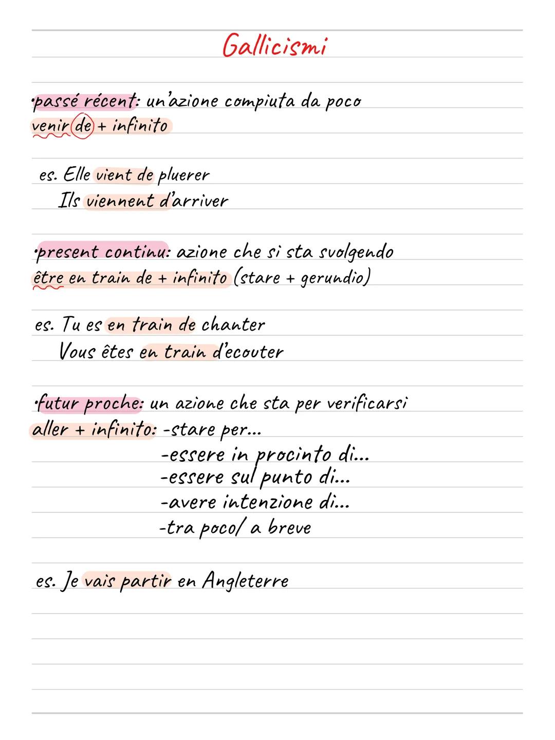 Gallicismi
*passé récent: un'azione compiuta da poco
venir de + infinito
es. Elle vient de pluerer
Ils viennent d'arriver
*present continu