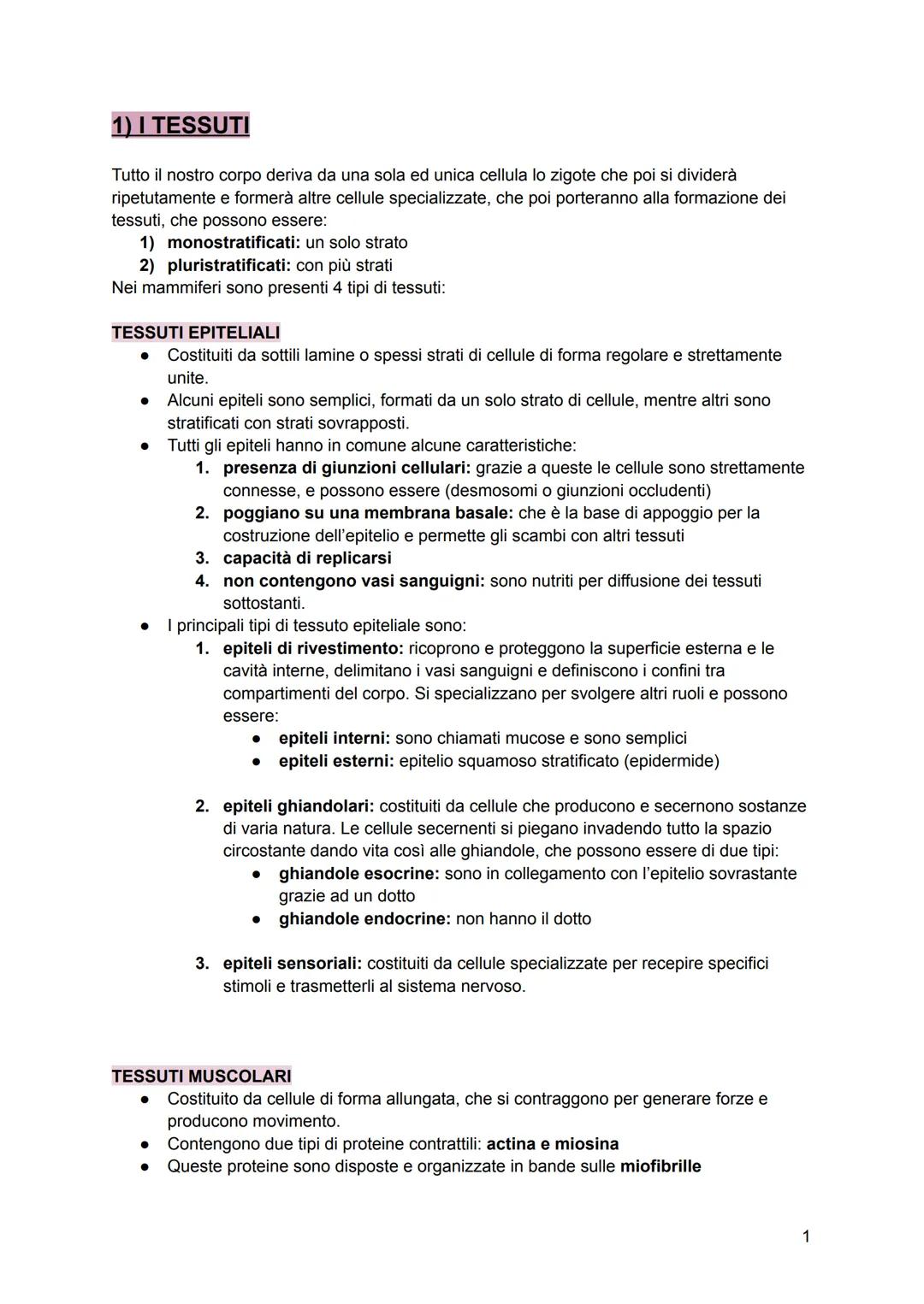 # 1) I TESSUTI
Tutto il nostro corpo deriva da una sola ed unica cellula lo zigote che poi si dividerà
ripetutamente e formerà altre cellul
