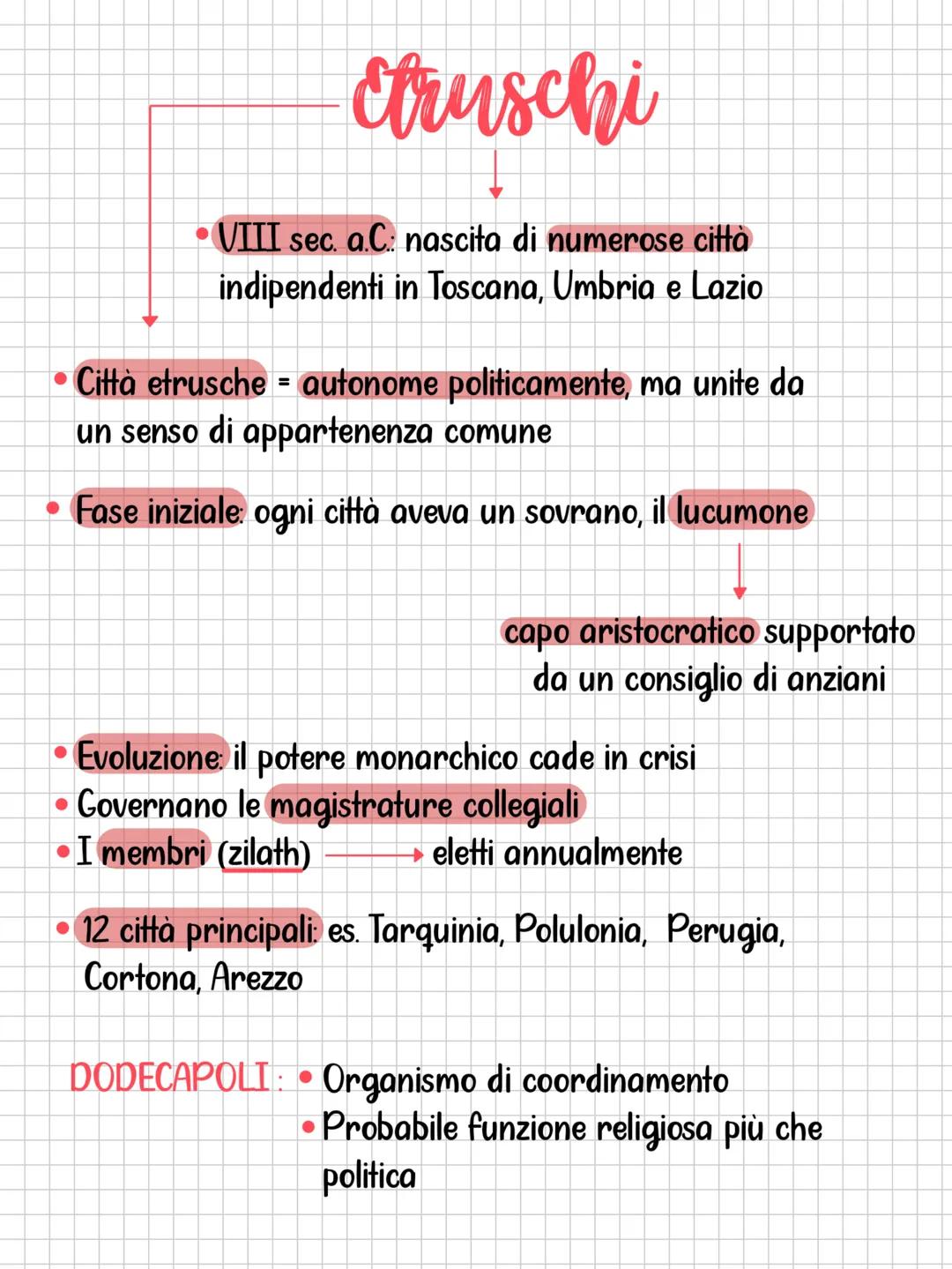# Etruschi
* VIII sec. a.C.: nascita di numerose città
indipendenti in Toscana, Umbria e Lazio
* Città etrusche = autonome politicament