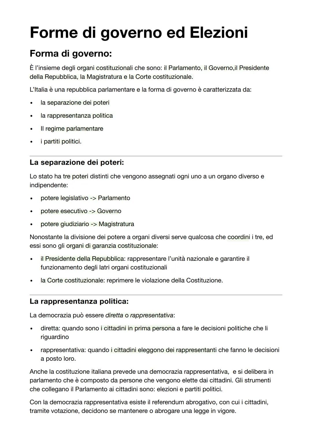 # Forme di governo ed Elezioni
Forma di governo:
È l'insieme degli organi costituzionali che sono: il Parlamento, il Governo, il President