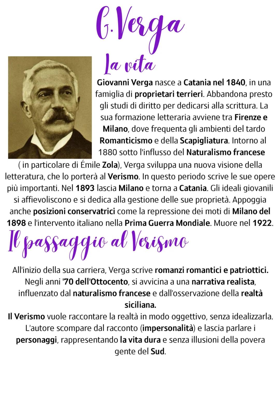 # CVerga
La vita
Giovanni Verga nasce a Catania nel 1840, in una
famiglia di proprietari terrieri. Abbandona presto
gli studi di diritto p