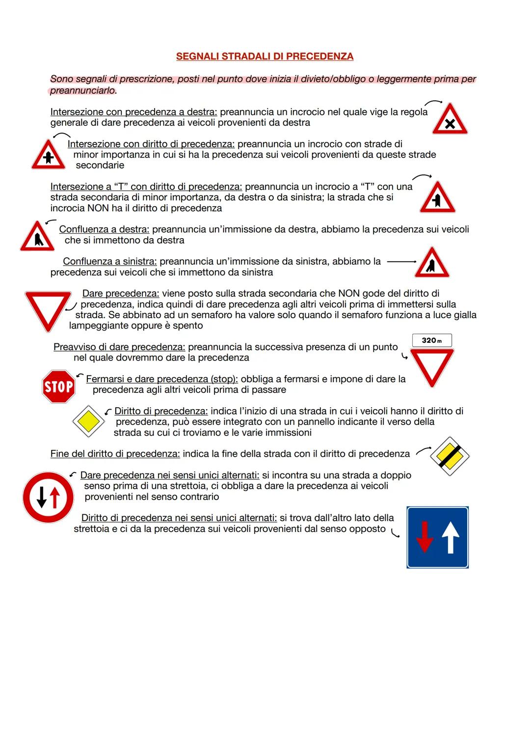 # SEGNALI STRADALI DI PRECEDENZA
Sono segnali di prescrizione, posti nel punto dove inizia il divieto/obbligo o leggermente prima per
prean