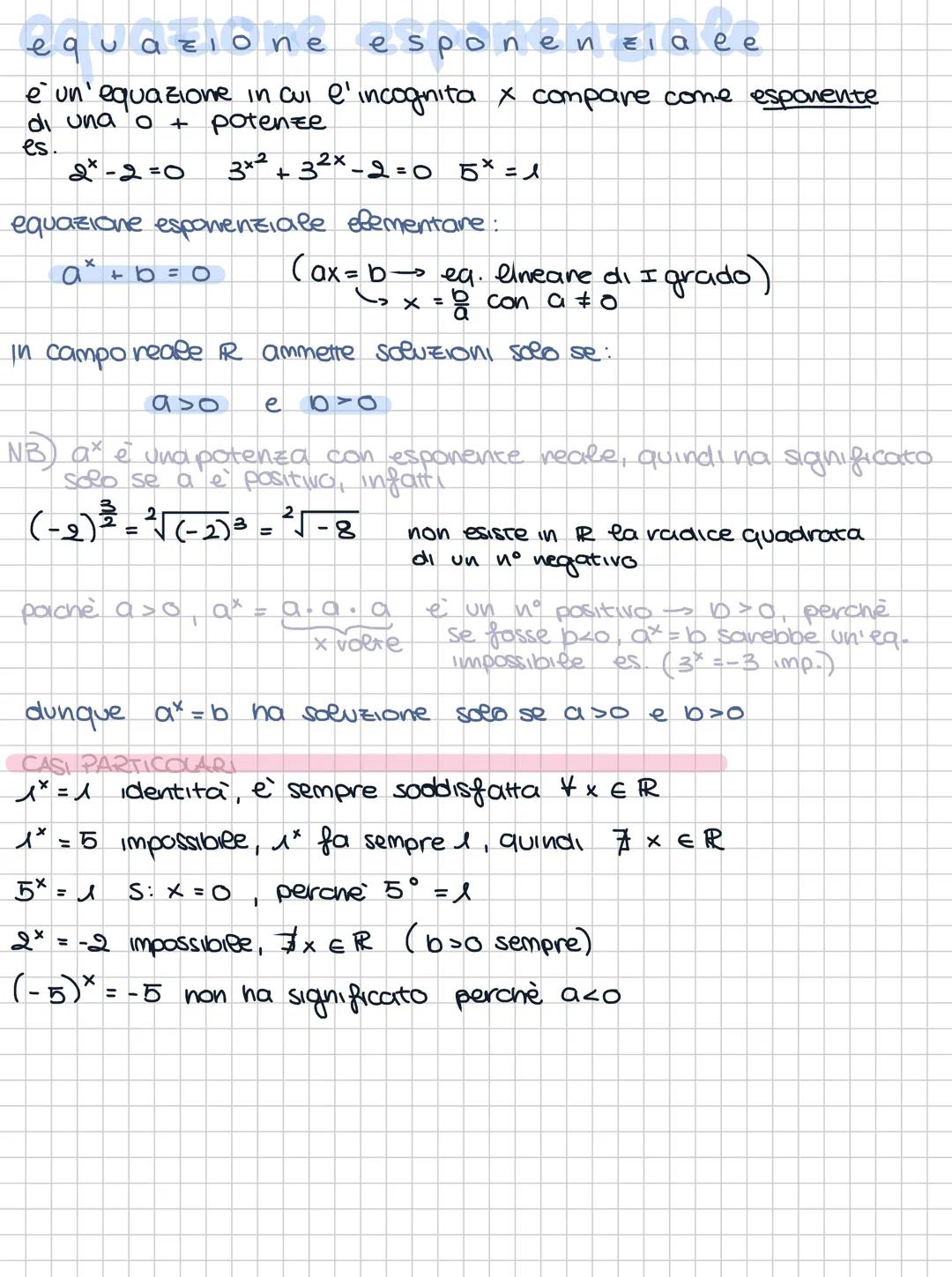 # equazione esponen ziale
รจ un'equazione in cui l'incognita x compare come esponente
di una o + potenze
es.
$2^x-2=0$ $3^{x^2} + 3^{2x}-2=0