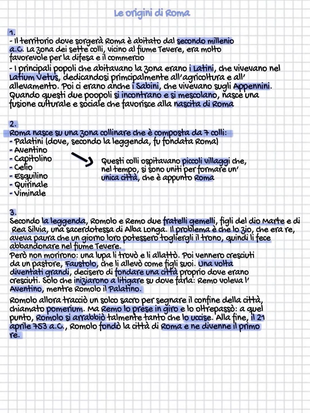 --- OCR Start ---
Le origini di Roma
1.
- Il territorio dove sorgerà Roma è abitato dal secondo millenio
a.C. La zona dei sette colli, vicin