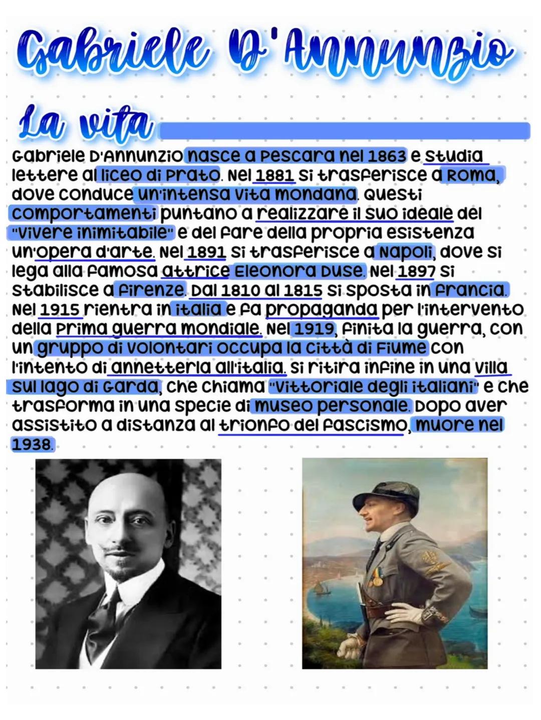 # Gabriele D'Annunzio
La vita
Gabriele D'Annunzio nasce a Pescara nel 1863 e studia
lettere al liceo di Prato. Nel 1881 Si trasferisce a R