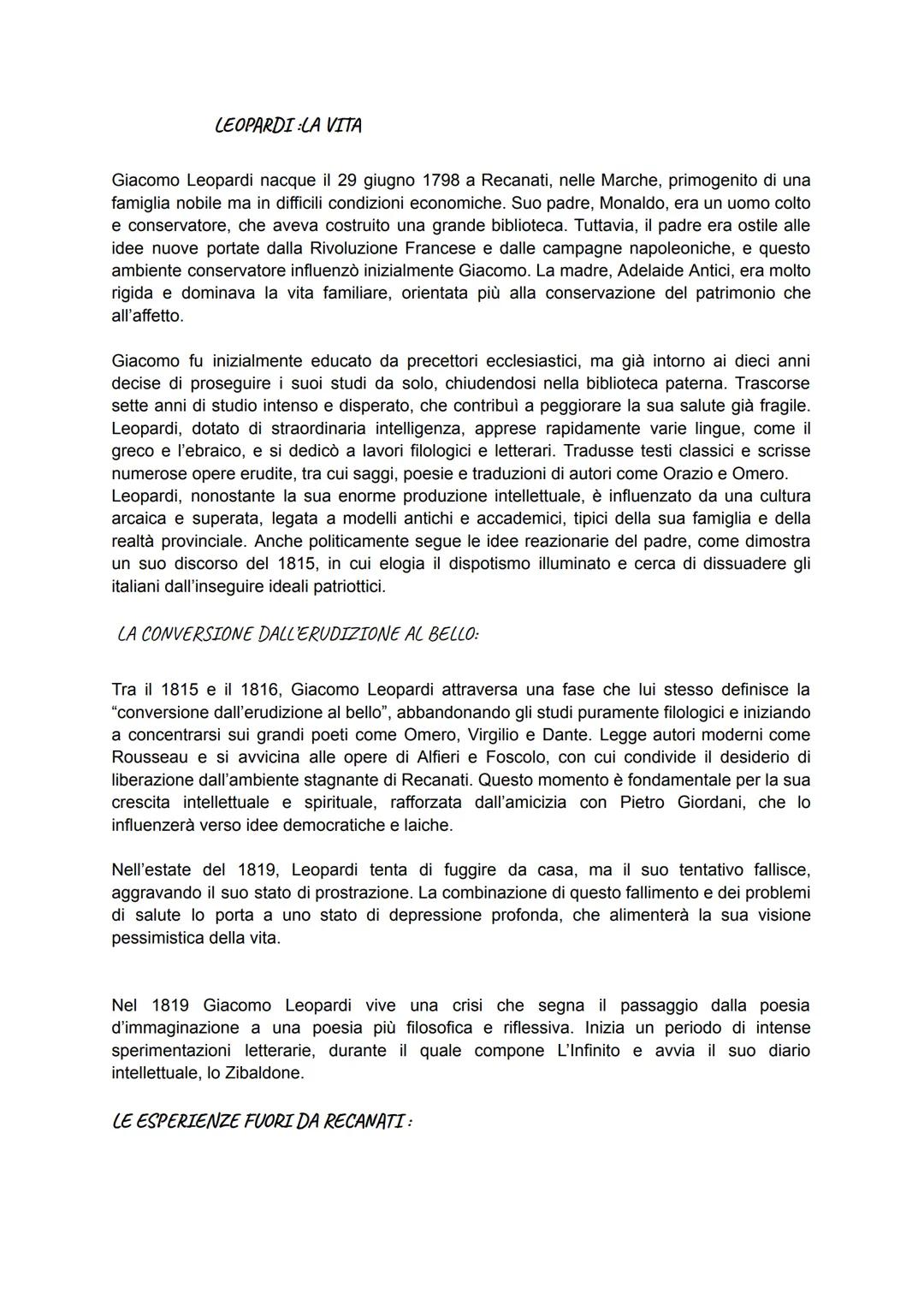 # LEOPARDI LA VITA
Giacomo Leopardi nacque il 29 giugno 1798 a Recanati, nelle Marche, primogenito di una
famiglia nobile ma in difficili c