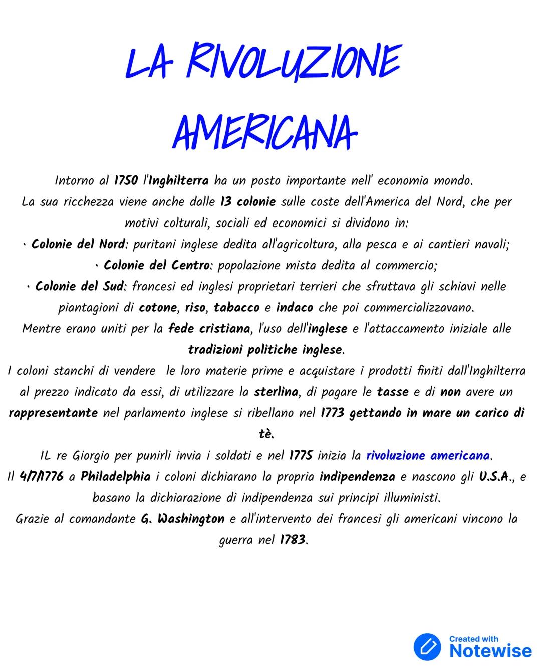 # LA RIVOLUZIONE
# AMERICANA
Intorno al 1750 l'Inghilterra ha un posto importante nell' economia mondo.
La sua ricchezza viene anche dall