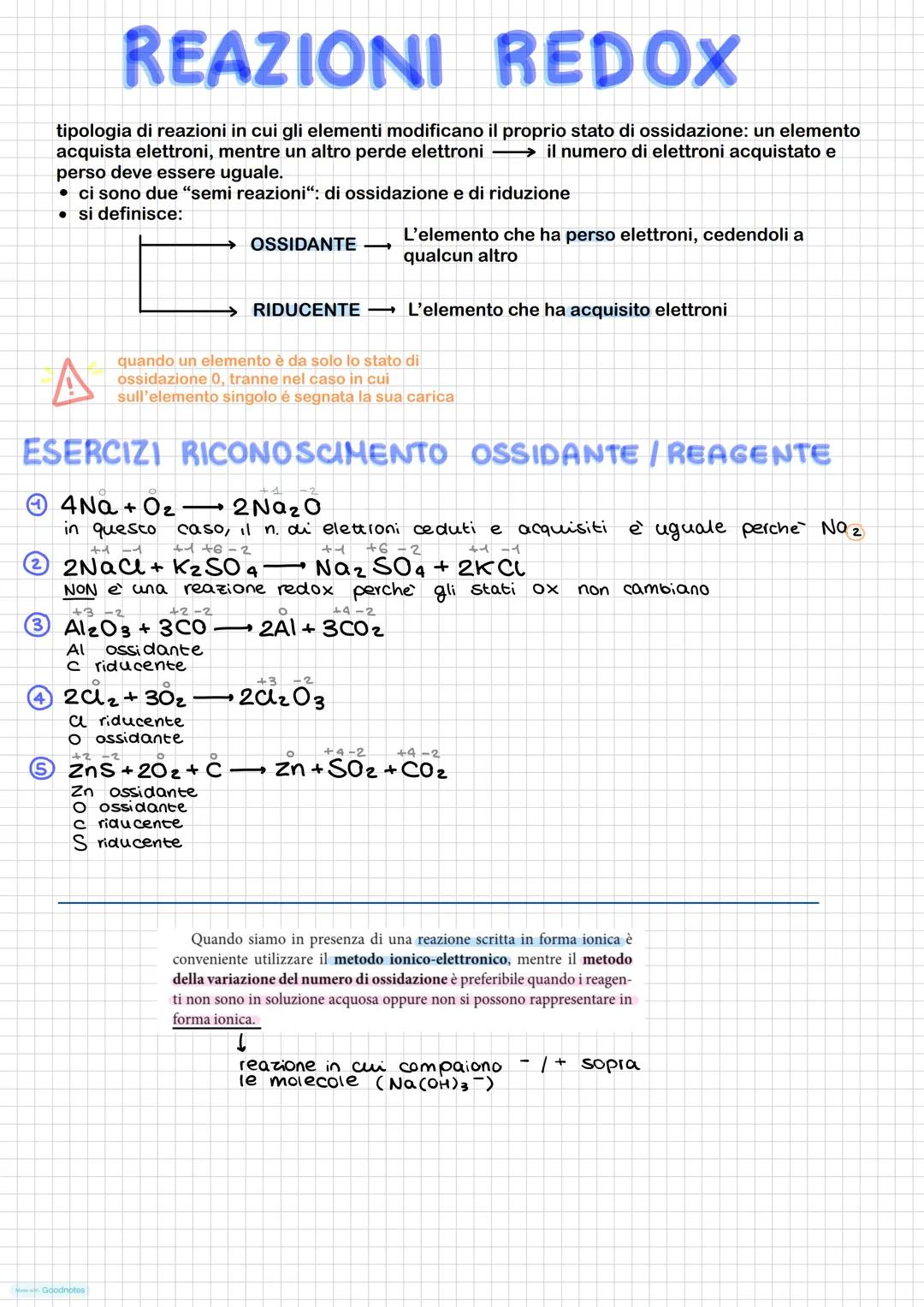 REAZIONI REDOX
tipologia di reazioni in cui gli elementi modificano il proprio stato di ossidazione: un elemento
acquista elettroni, mentre