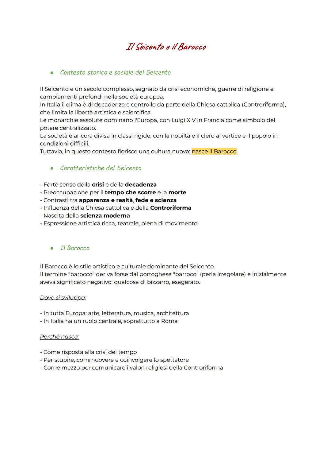 Il Seicento e il Barocco
* Contesto storico e sociale del Seicento
Il Seicento è un secolo complesso, segnato da crisi economiche, guerre