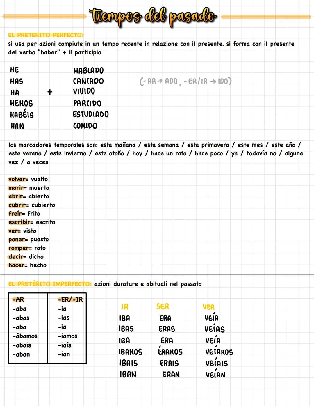 EL PRETERITO PERFECTO:
tiempos del pasado
si usa per azioni compiute in un tempo recente in relazione con il presente. si forma con il prese