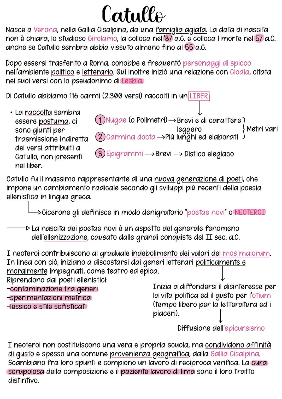 Catullo
Nasce a Verona, nella Gallia Cisalpina, da una famiglia agiata. La data di nascita
non è chiara, lo studioso Girolamo, la colloca ne