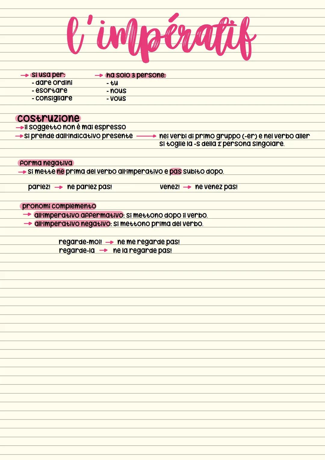 → si usa per:
l'impératif
dare ordini
- esortare
- consigliare
costruzione
→ ha solo 3 persone:
- tu
- nous
- VOUS
➡il soggetto non è mai es