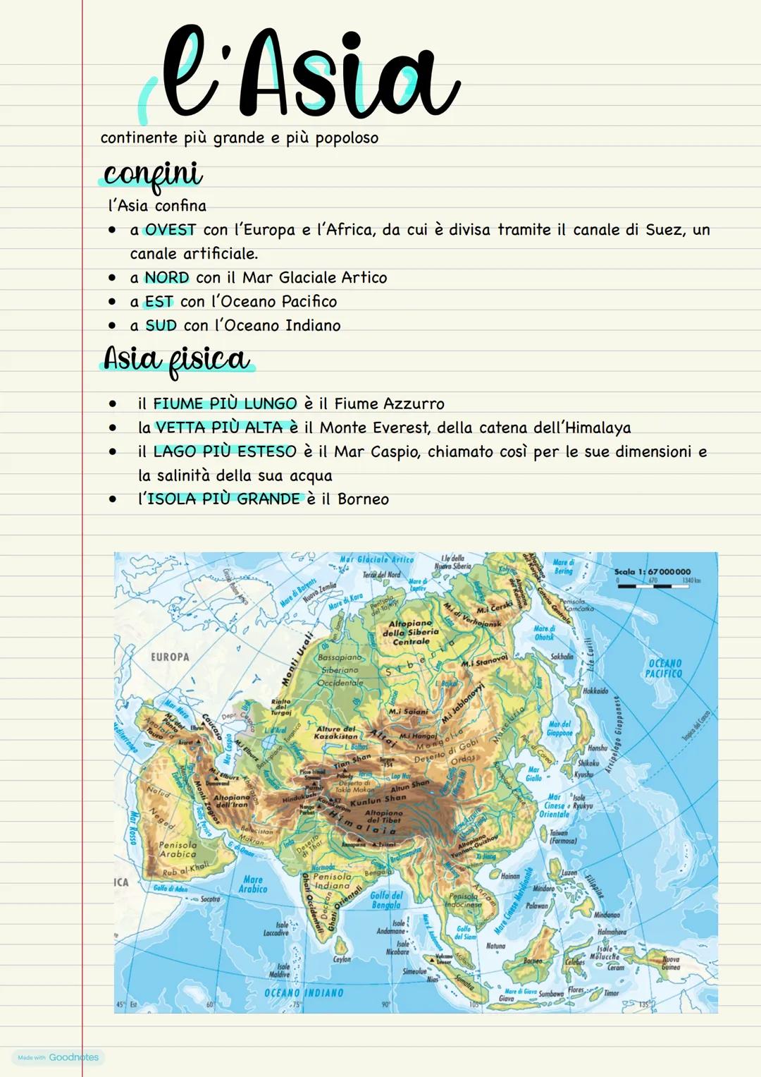 Made with Goodnotes
l'Asia
continente più grande e più popoloso
confini
l'Asia confina
• a OVEST con l'Europa e l'Africa, da cui è divisa tr