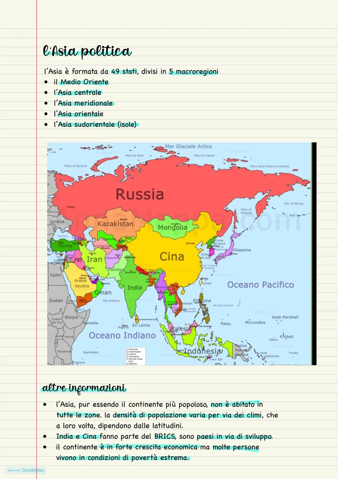 Made with Goodnotes
l'Asia
continente più grande e più popoloso
confini
l'Asia confina
• a OVEST con l'Europa e l'Africa, da cui è divisa tr