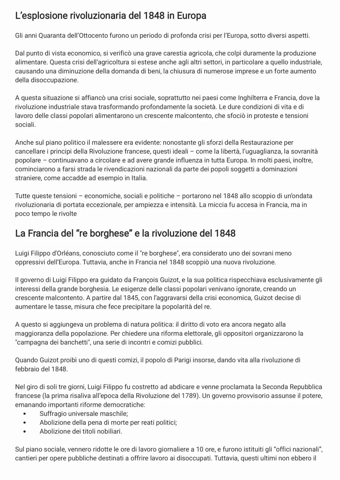 L'esplosione rivoluzionaria del 1848 in Europa
Gli anni Quaranta dell'Ottocento furono un periodo di profonda crisi per l'Europa, sotto dive